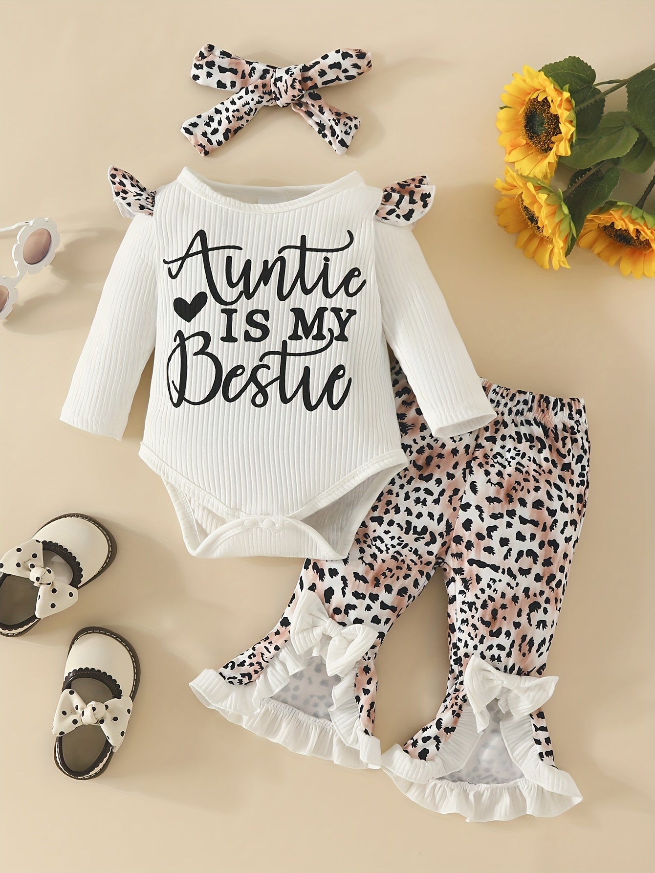 3pcs Baby Girls Stylish Outfits - Long Sleeve Ruffle Letter "Auntie Is My Bestie" Print Triangle Bodysuit & Leopard Print Slit Flared Pants & Hairband Set For Fall Winter