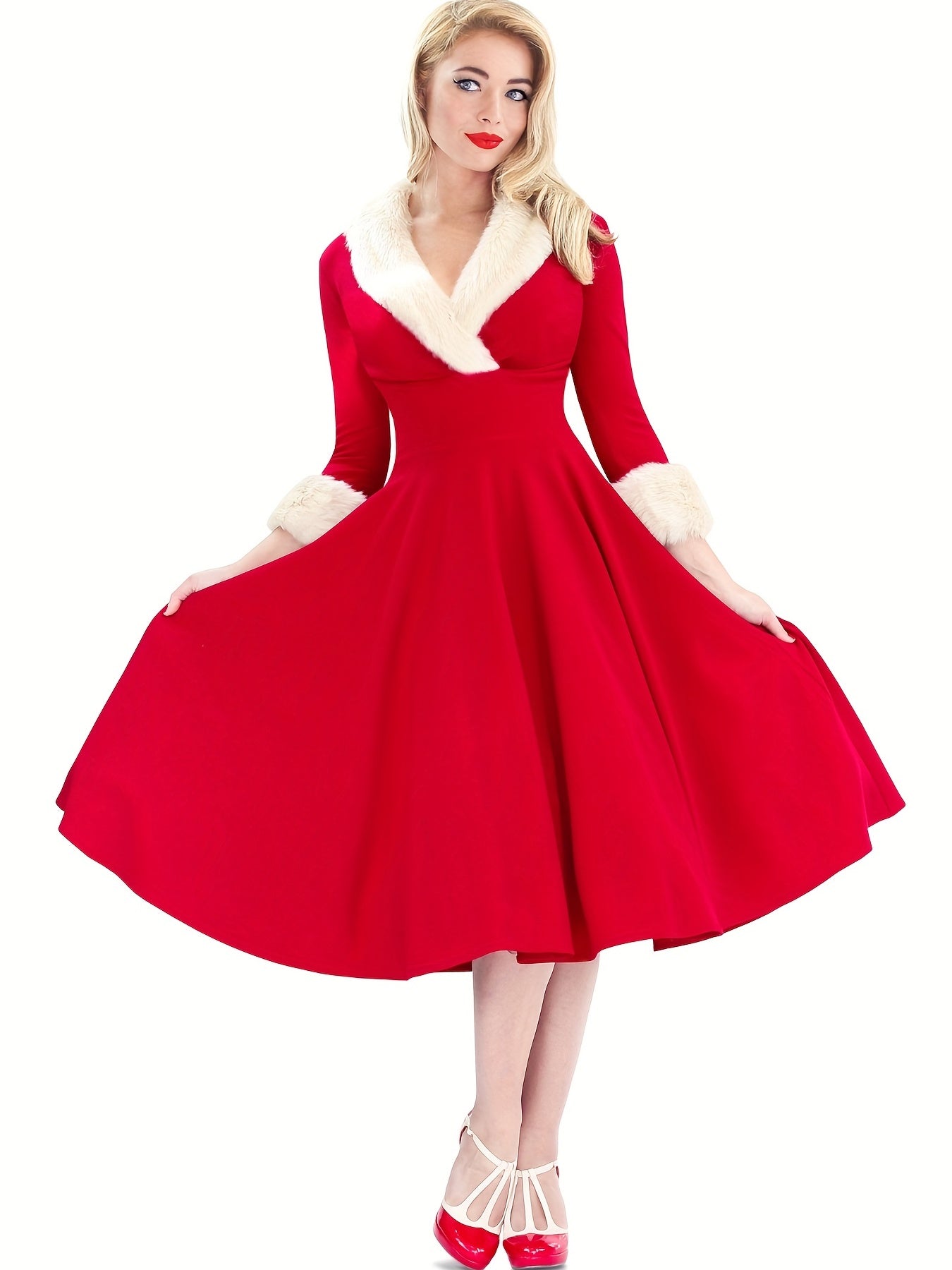 Fuzzy Solid Dress, Vintage V Neck Christmas Party Midi Dress, Women's Clothing