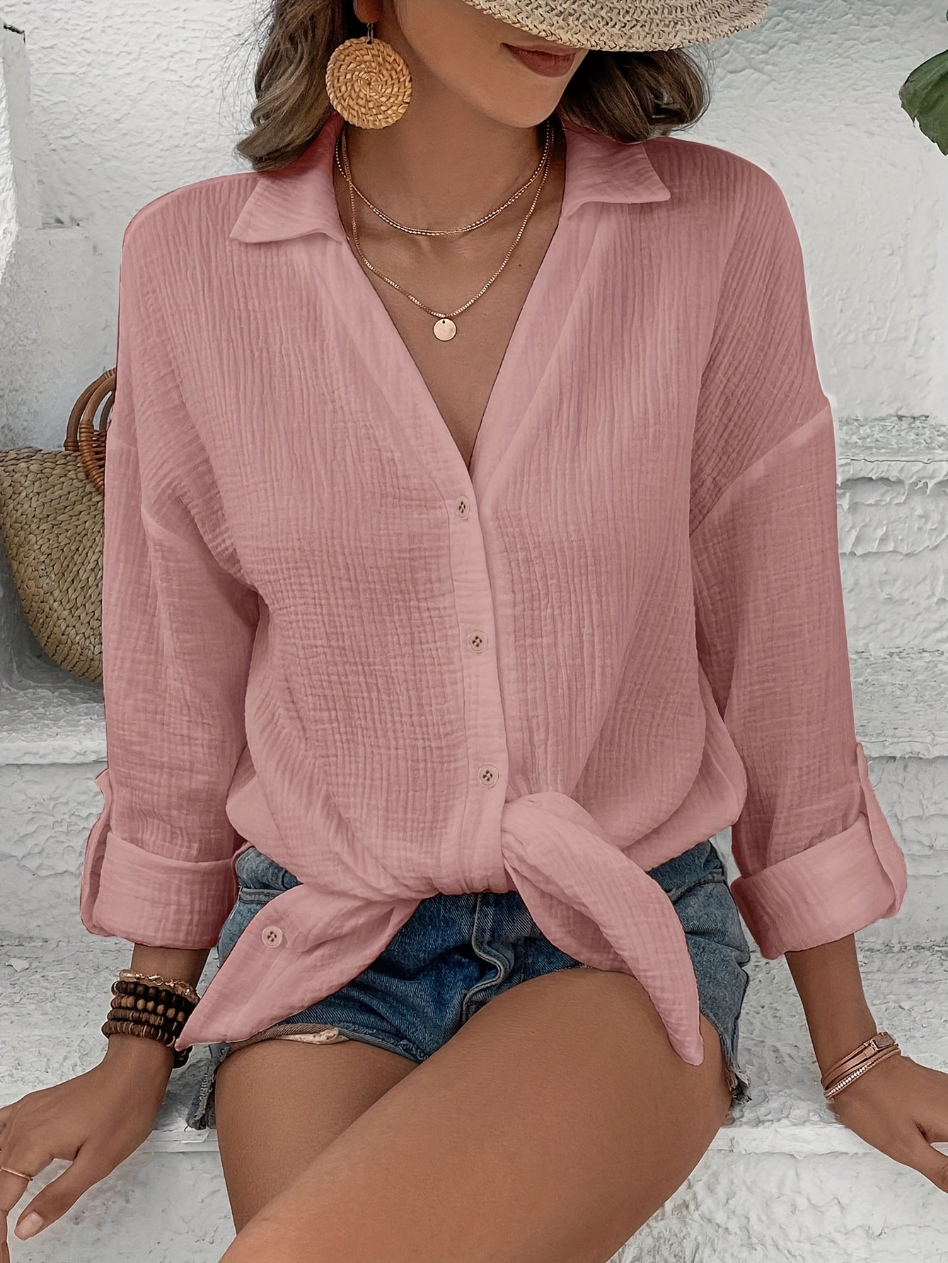 Solid Button Front Shirt, Casual Long Sleeve Lapel Comfy Shirt, Women's Clothing