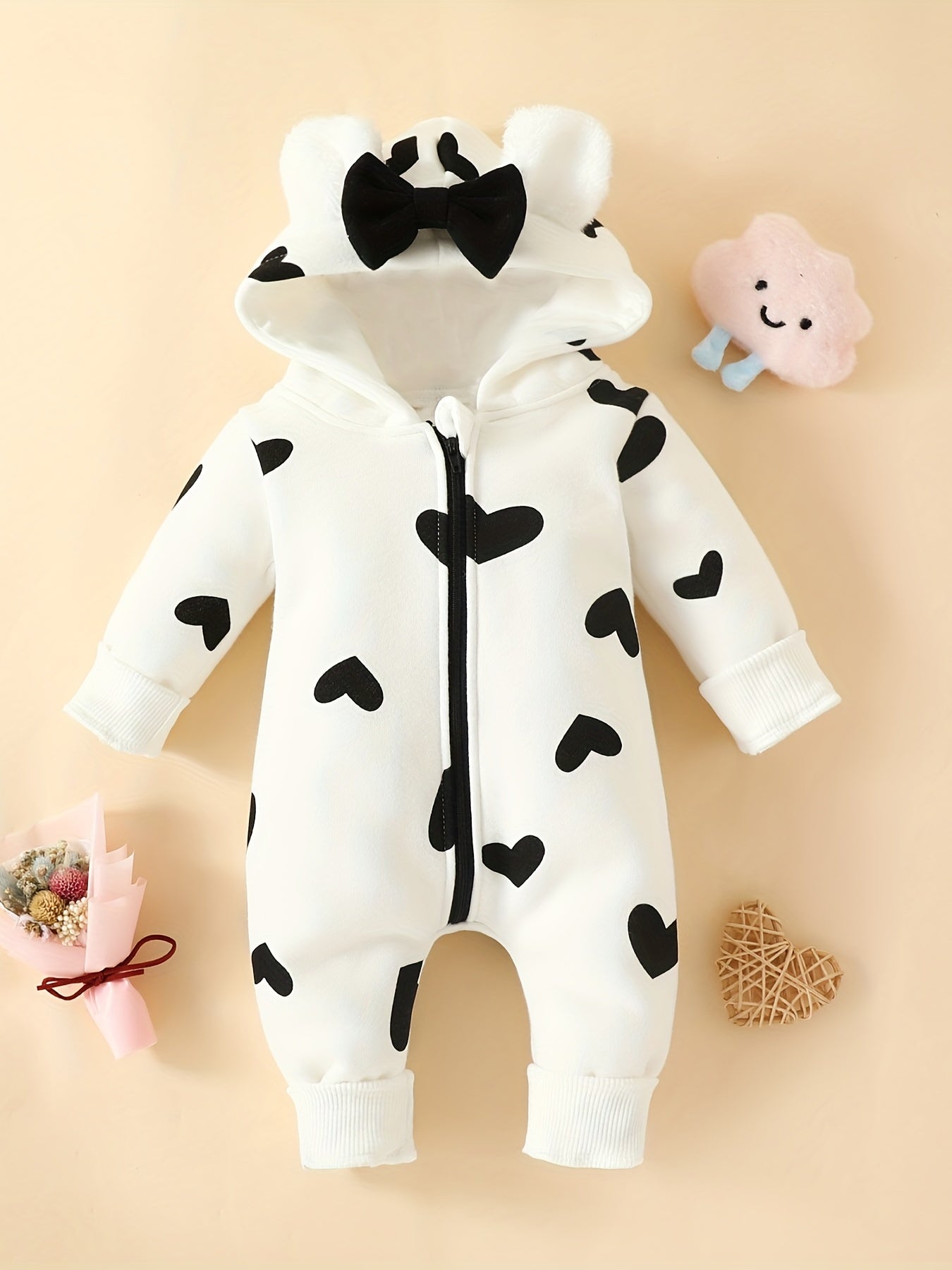 Baby Super Cute Bowknot Hooded Long Sleeve Sweatshirt Bodysuit,  Zipper Warm Outwear Hoodie, Christmas Romper Gift