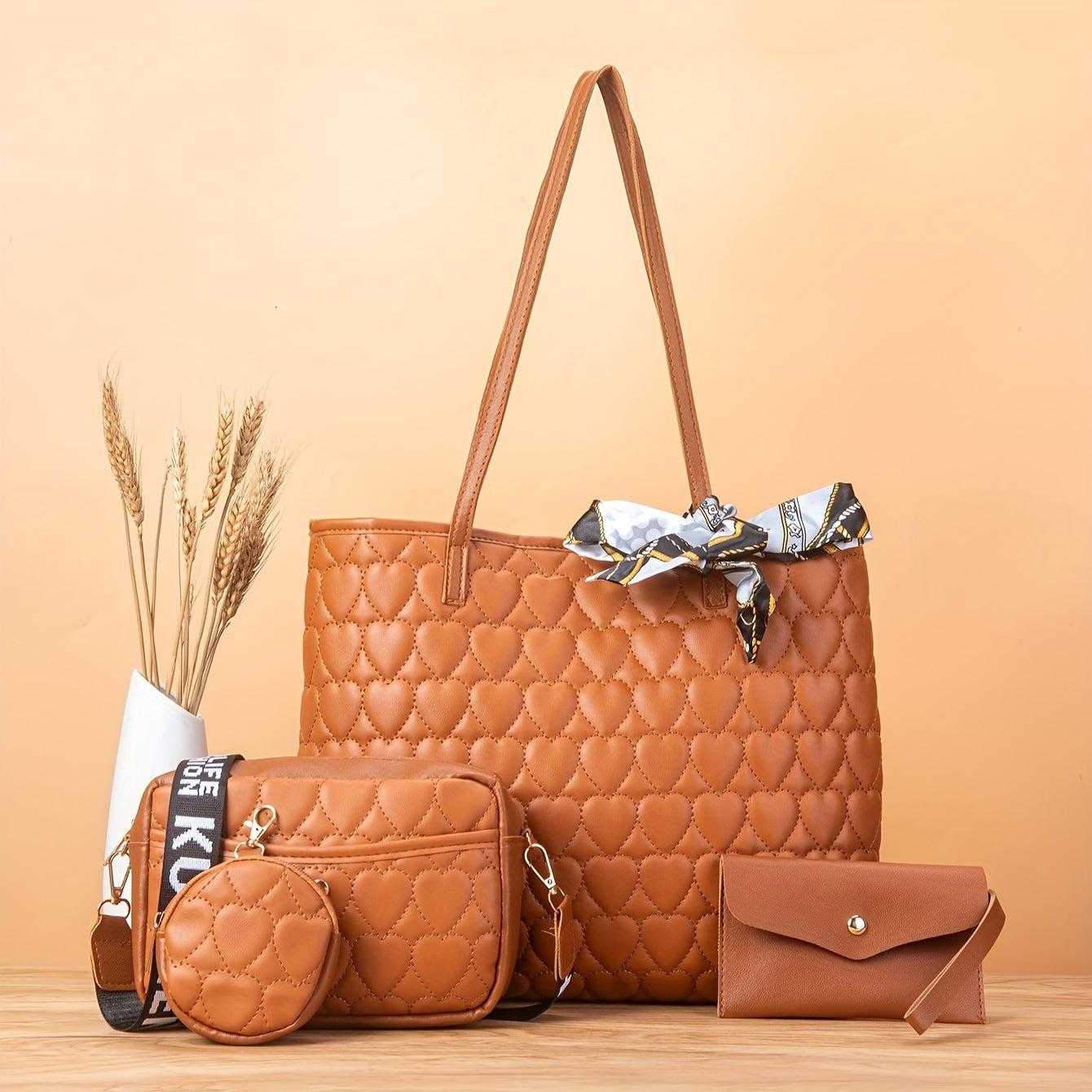 4 Pcs Quilted Detail Bag Sets, Solid Color Tote Bag With Shoulder Chain Bag & Purse & Crossbody Bag, Classic Bags With Scarf Decor