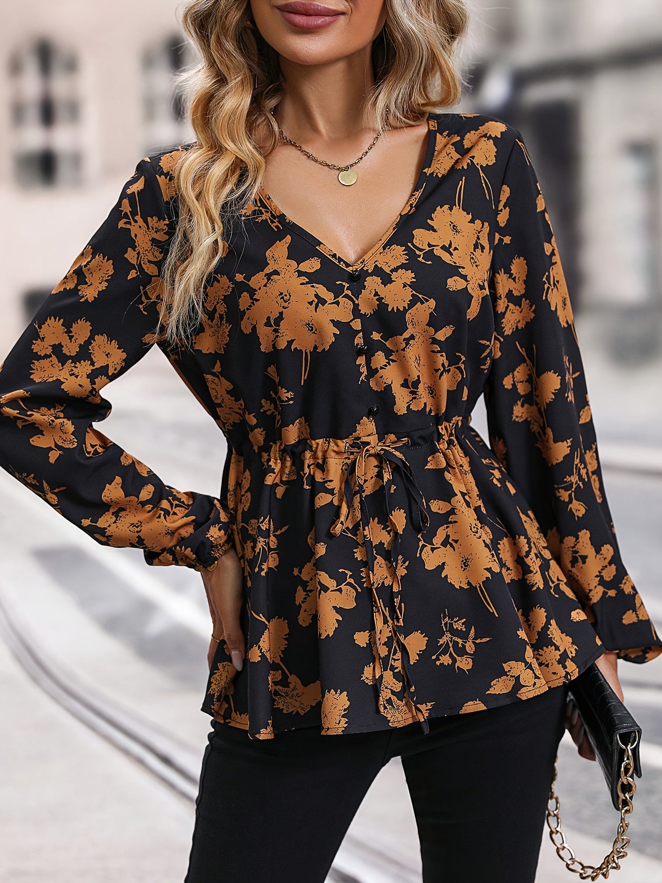 Floral Print V Neck Tie-waist Blouse, Casual Long Sleeve Blouse For Spring & Fall, Women's Clothing