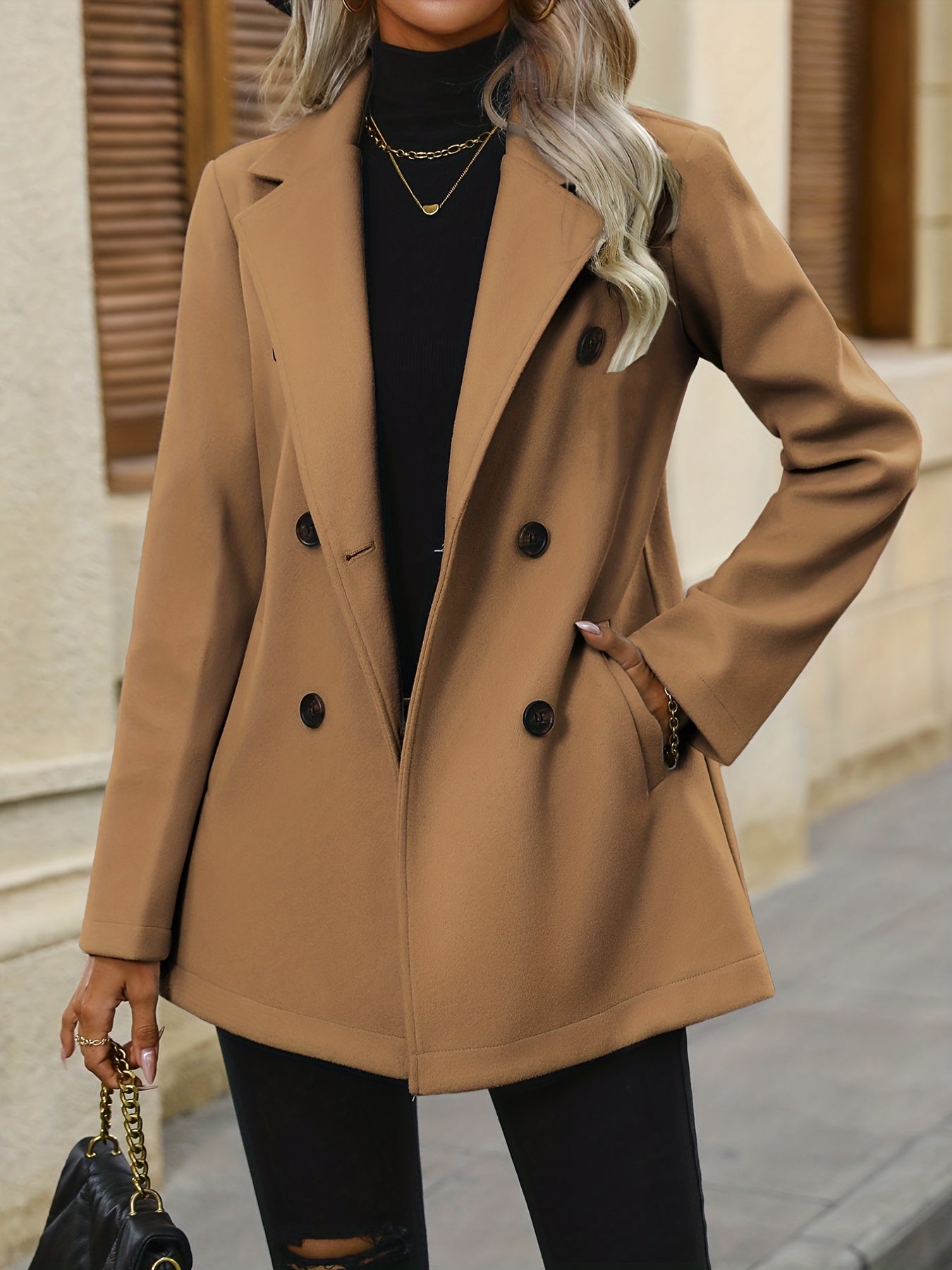 Double Breasted Lapel Bean Coat, Elegant Long Sleeve Outerwear With Pockets, Women's Clothing