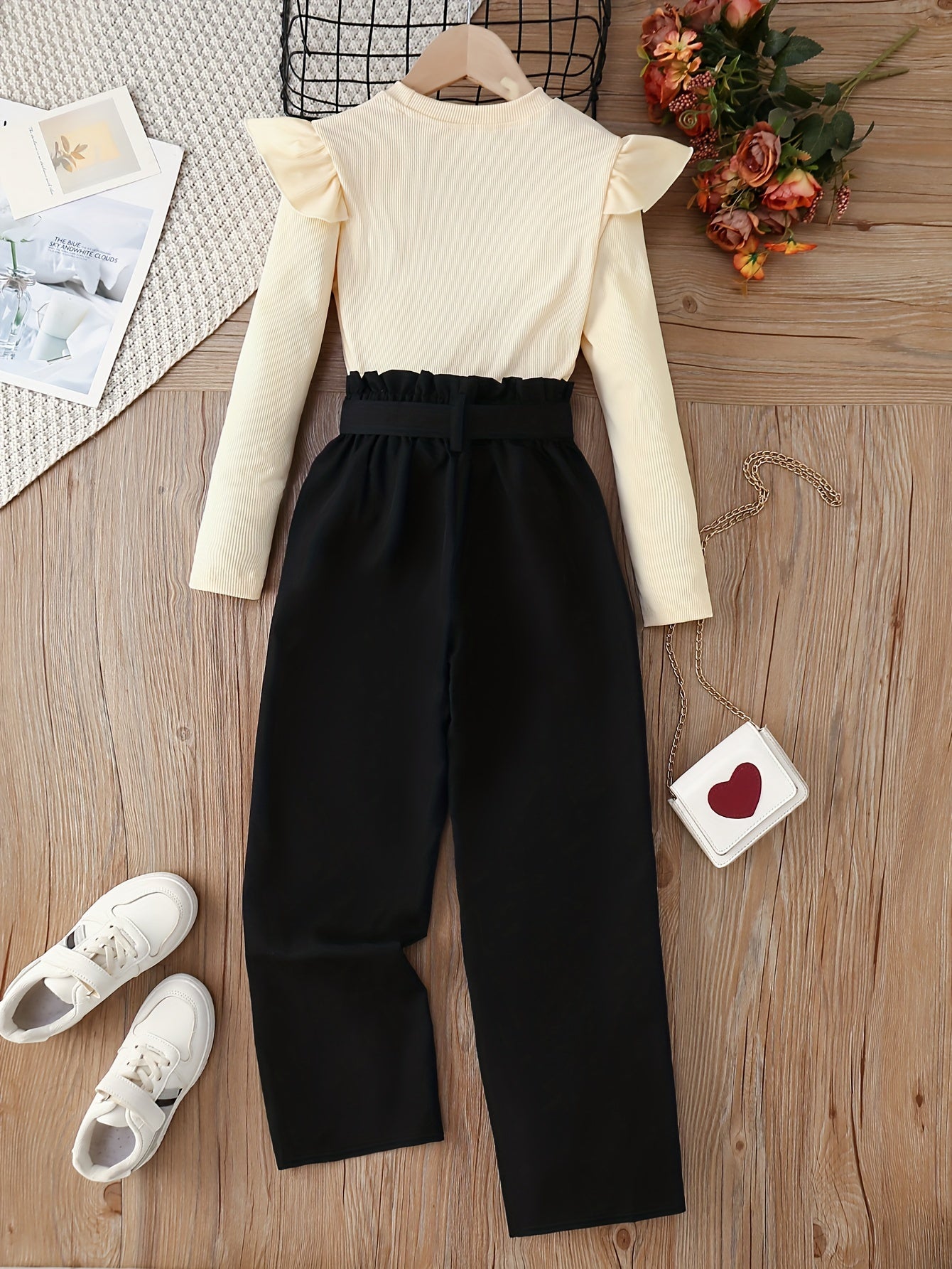 Girl's Trendy Outfit 2pcs, Ribbed Top & Wide Leg Pants Set, Kid's Clothes For Spring Fall