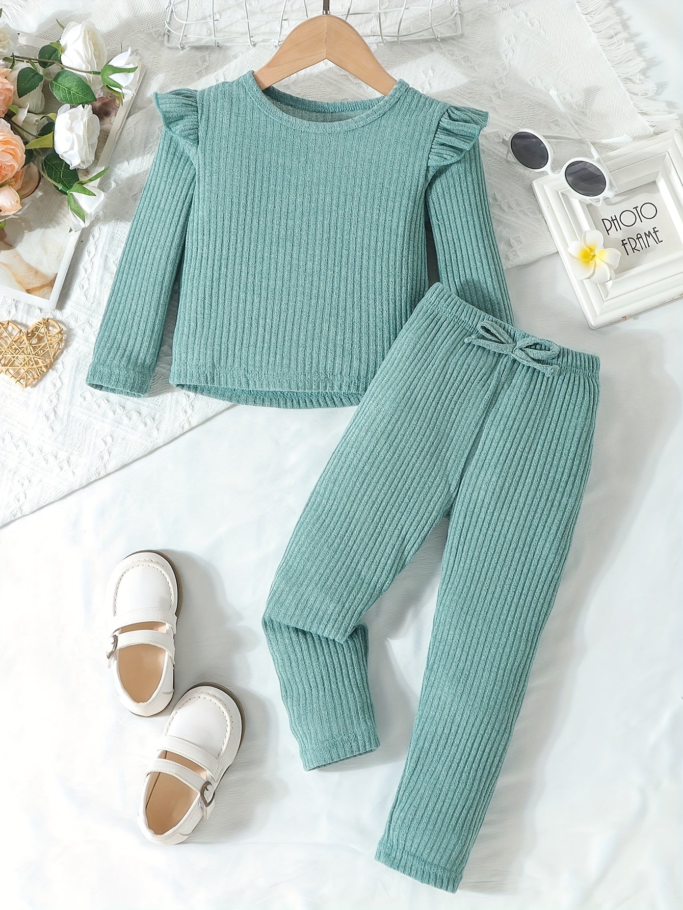 Girl's Solid Color Outfit 2pcs, Ribbed Long Sleeve Top & Pants Set, Kid's Clothes For Spring Fall