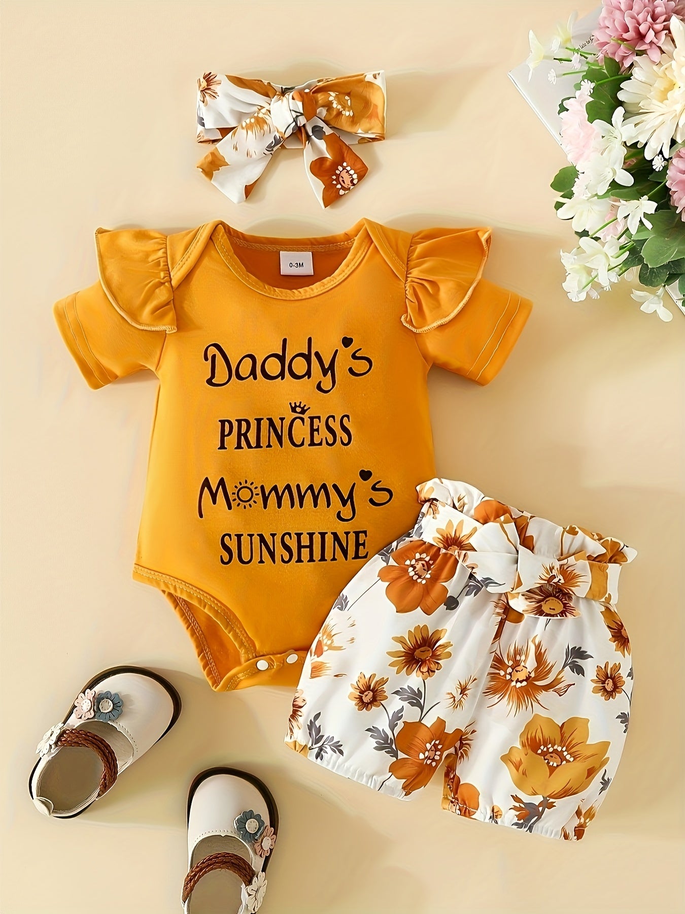 Baby Girl's "I'm My Daddy's Girl And My Mommy's World" Graphic Onesie & Floral Shorts & Headband Set
