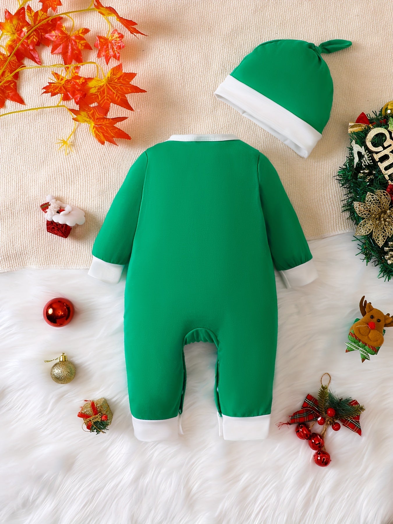 My First Christmas Print Cute Jumpsuit & Hat Set, Toddler Baby Boys Girls Clothes Autumn And Winter