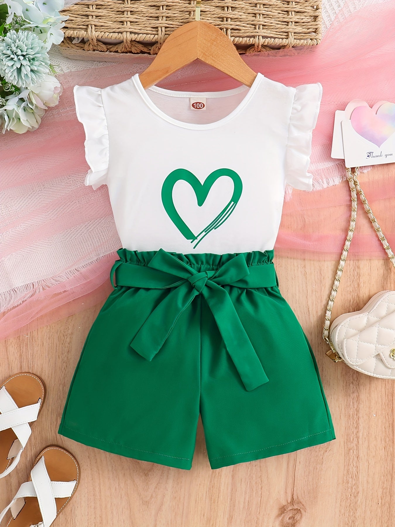 2pcs Girls Daily Casual Heart Print Crew Neck Sleeveless Top & Bow Shorts With Belt For Summer Kids Clothes