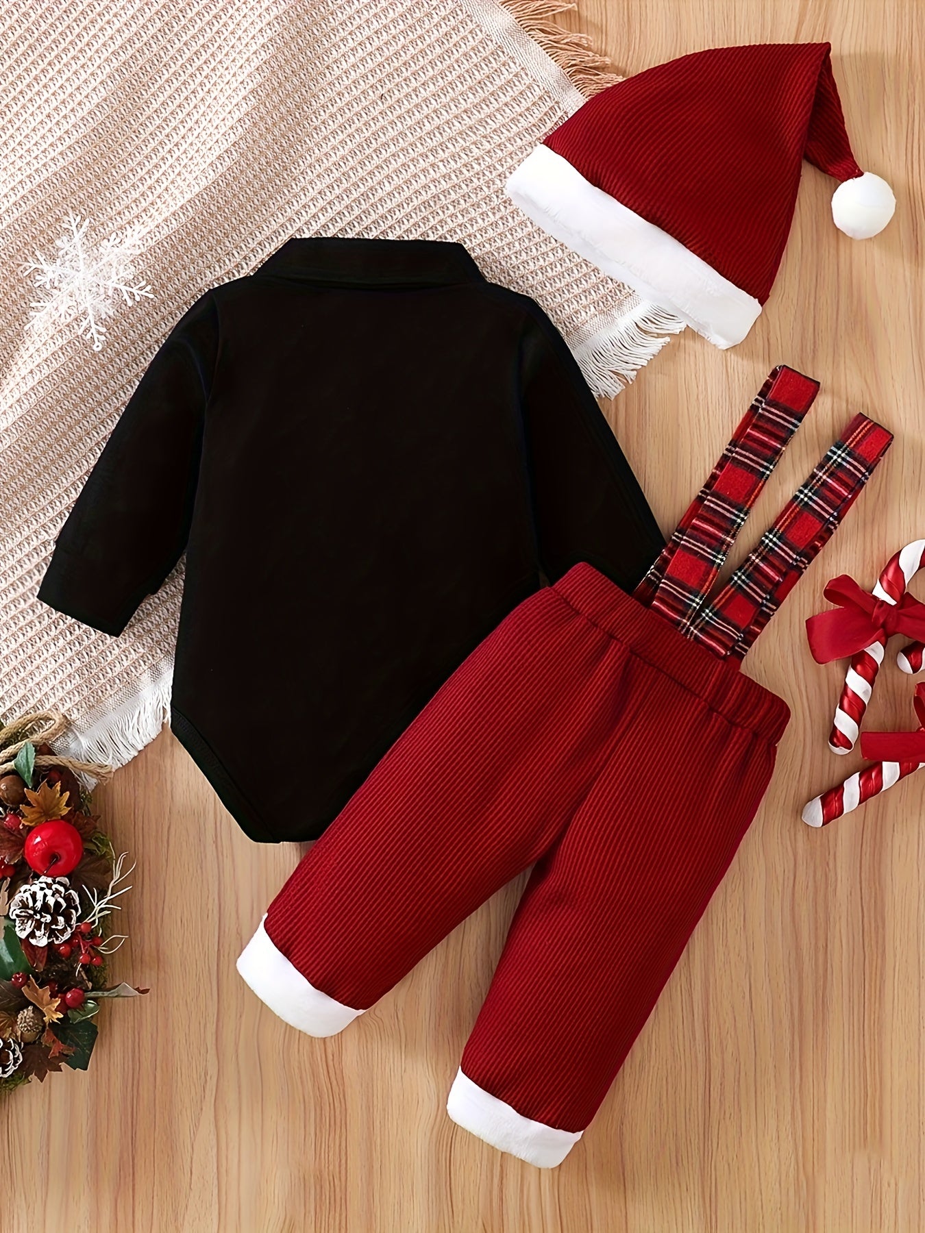 Toddler Baby Boys Bow Tie Long Sleeve Romper + Waffle Splicing Bib Pants + Hat 3pcs Cute Set Party Christmas Outfit