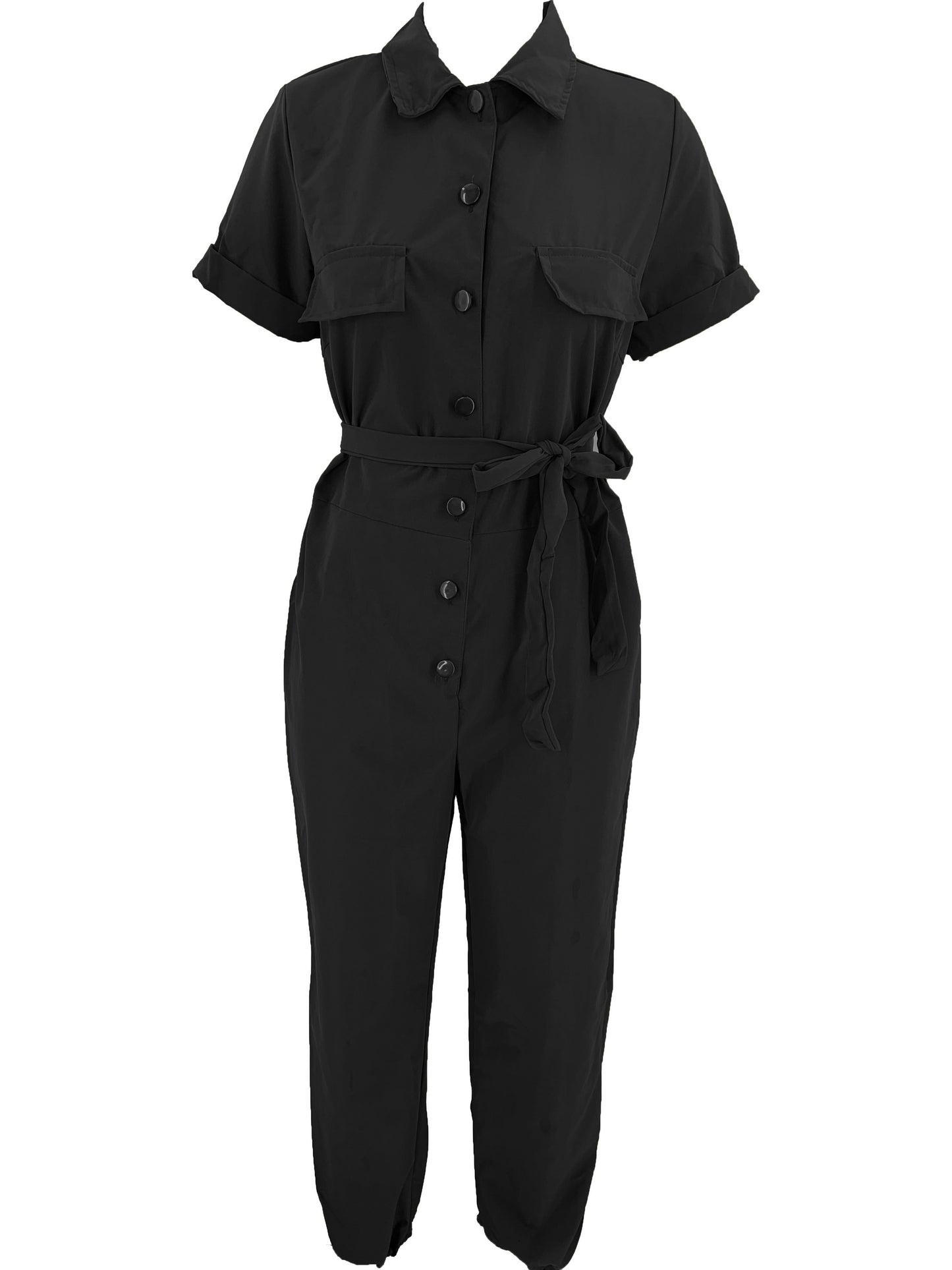 Y2K Solid Lapel Button Down Short Sleeve Tie Waist Cargo Jumpsuit, Casual Long Length Pockets Rompers Overalls, Women's Clothing