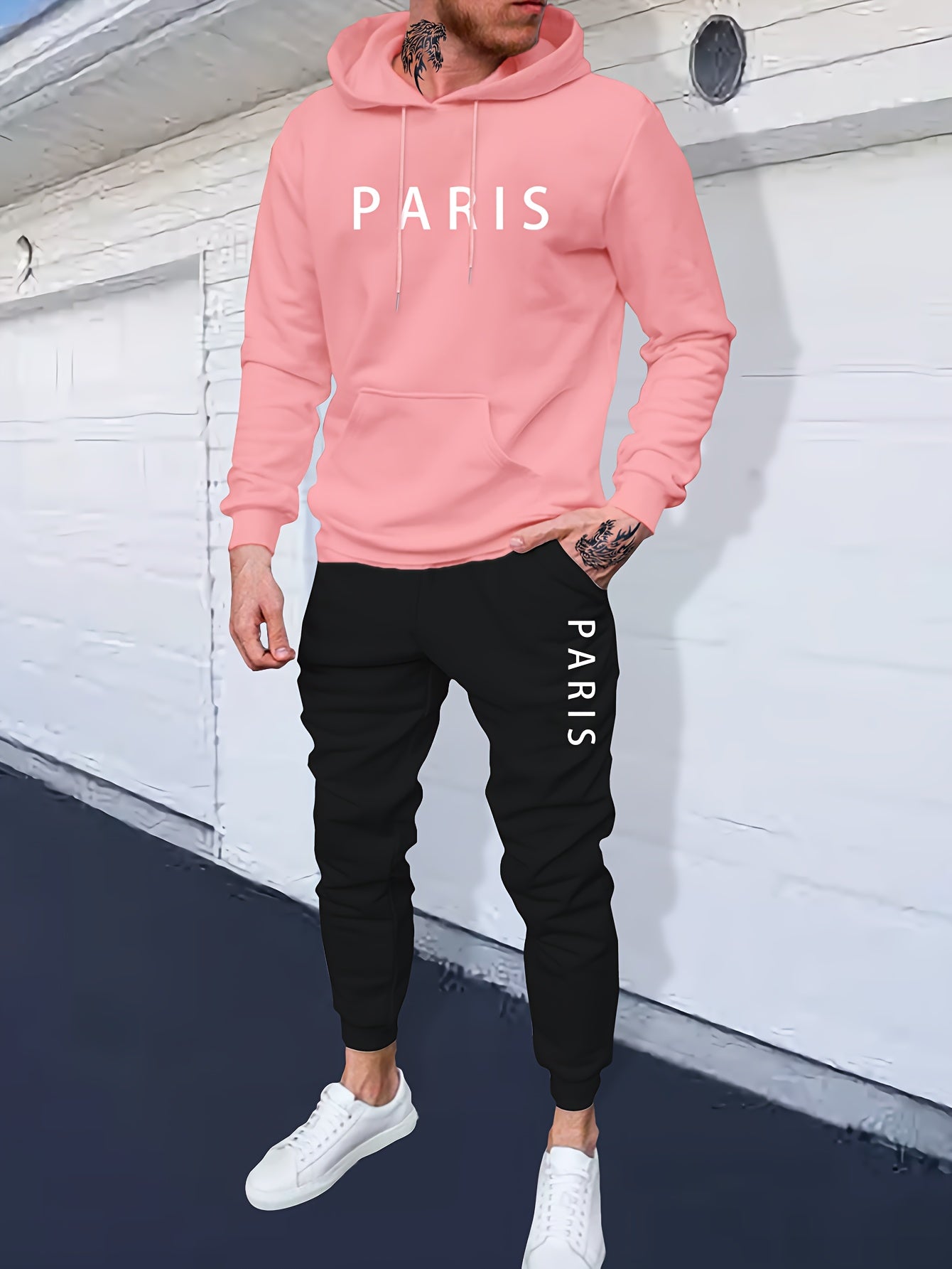 Casual 2pcs Set, Men's "Paris" Print Hoodie & Drawstring Sweatpants Matching Set For Fall Winter