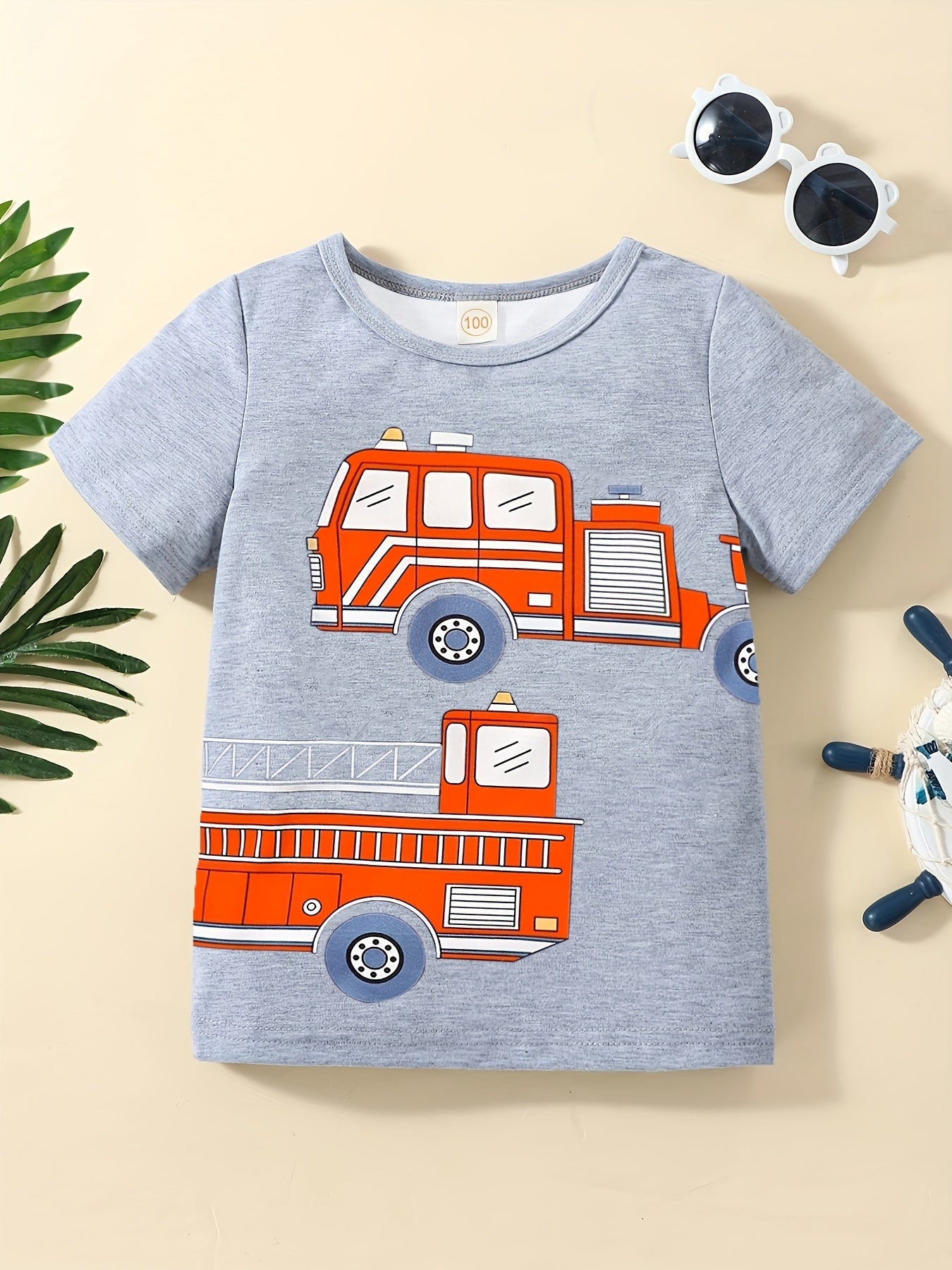 Cartoon Fire Truck Graphic Round Neck T-shirt Tees Tops Casual Soft Comfortable Boys And Girls Summer Clothes