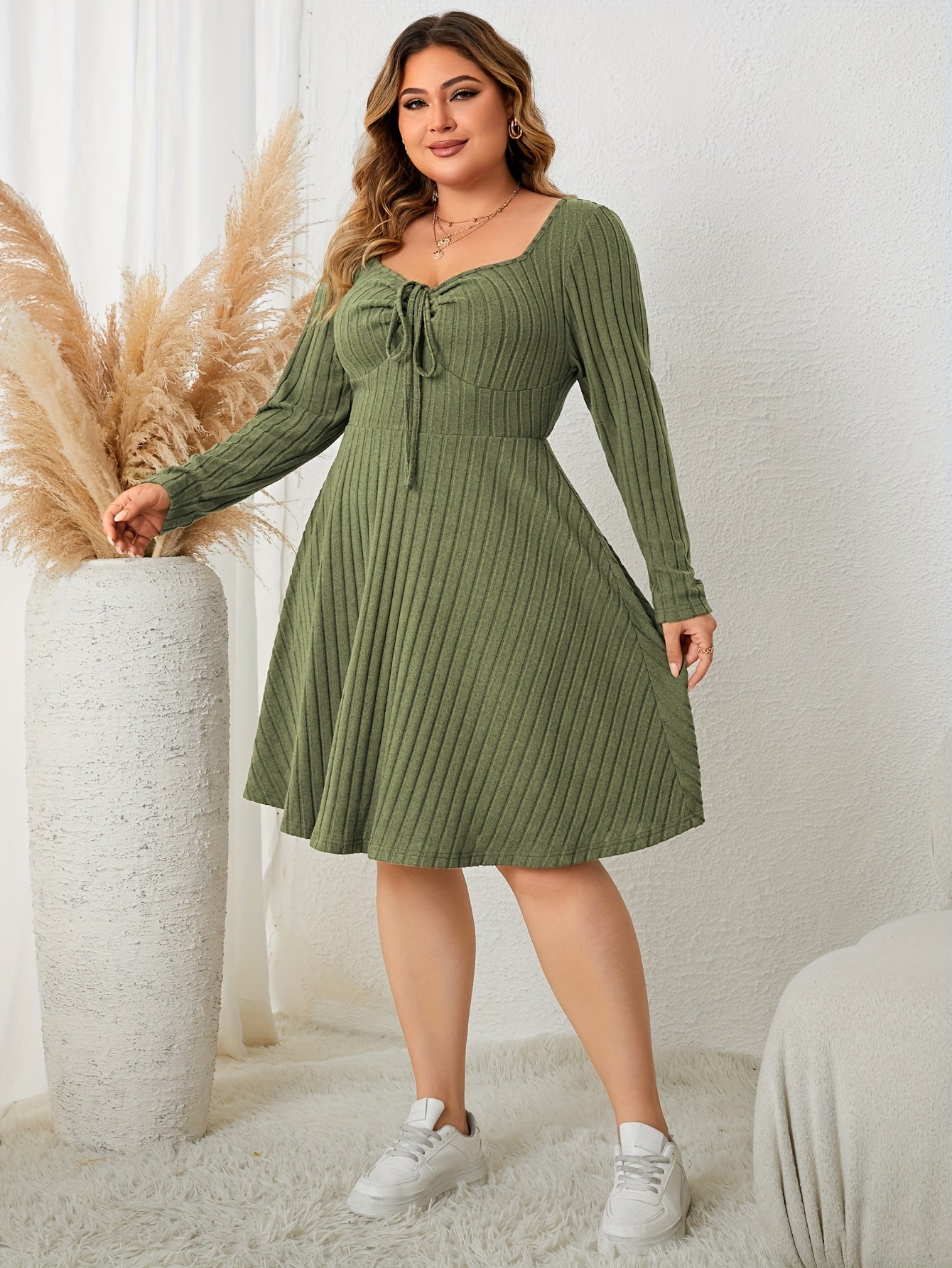 Plus Size Casual Dress, Women's Plus Solid Ribbed Ruched Tie Front Long Sleeve V Neck Knee Length Dress