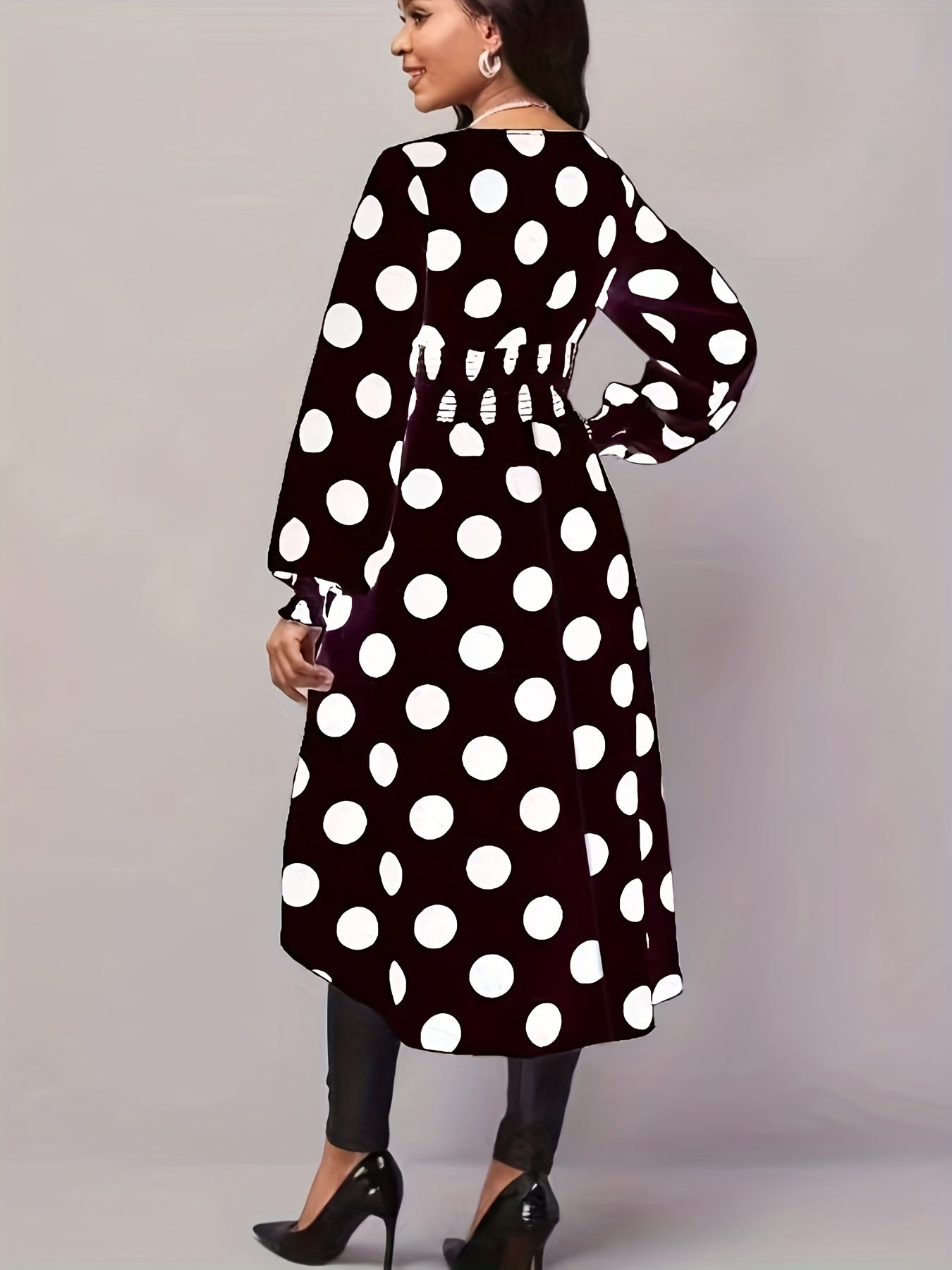 Asymmetrical Polka Dot Blouse, Long Sleeve V-neck Blouse, Casual Every Day Tops, Women's Clothing