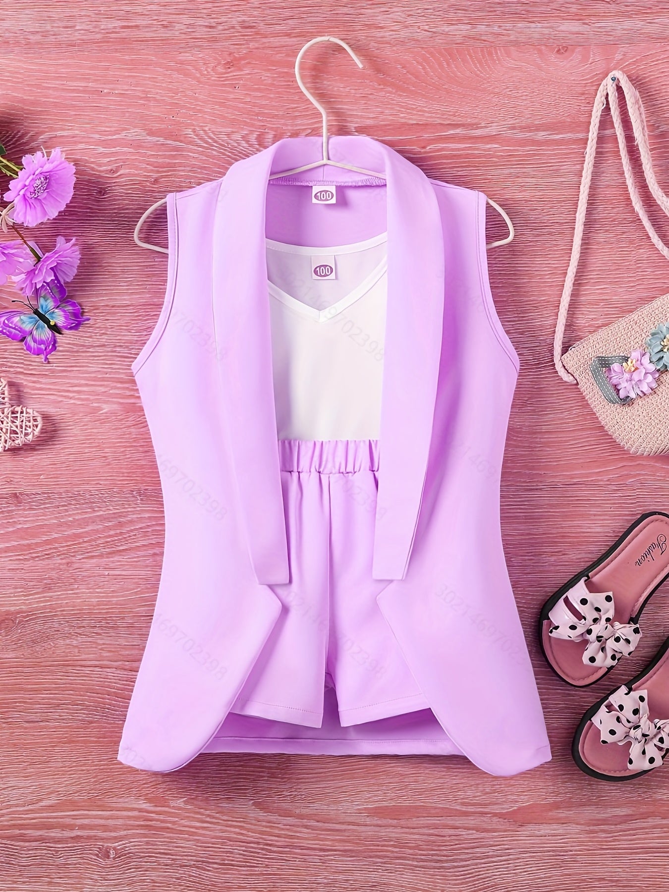 3pcs Toddler Girls Shawl Collar Vest & Shorts & Cami Top Set Kids, Summer Clothes