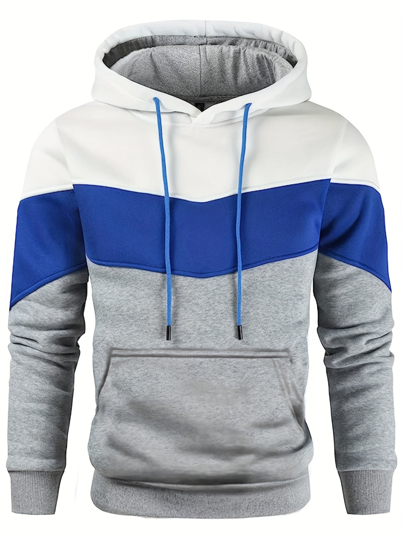 Kangaroo Pocket Drawstring Hoodie, Men's Casual Patchwork Color Block Slightly Stretch Hooded Sweatshirt For Spring Fall