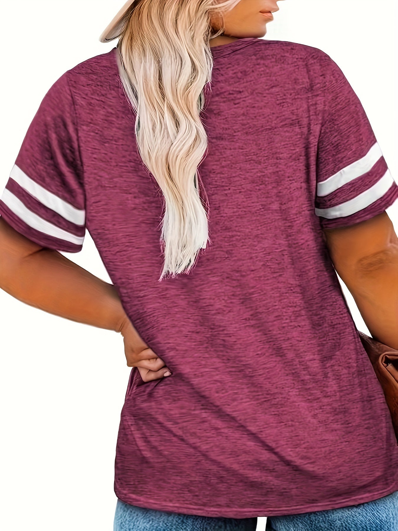 Plus Size Colorblock V Neck T-shirt, Women's Plus Slight Stretch Short Sleeve Casual Tee