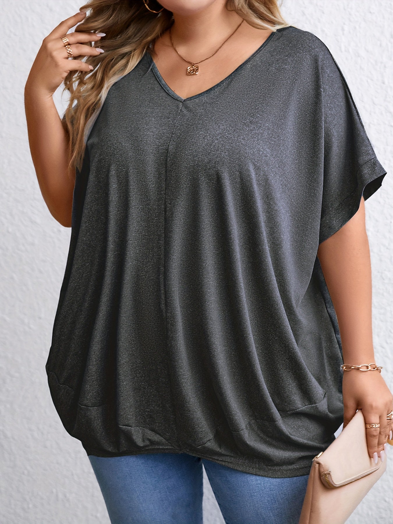 Plus Size Casual Top, Women's Plus Solid Bat Sleeve V Neck Ruched Asymmetrical Hem Oversized Tee