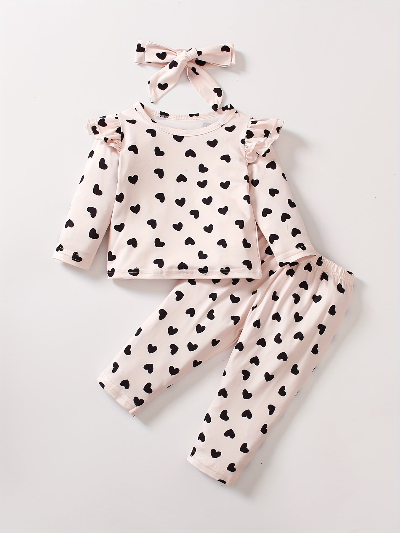 Toddler Baby Girls Heart Print Outfit - Ruffle Long Sleeve T-shirt & Loose Trousers & Headband, Casual & Comfy