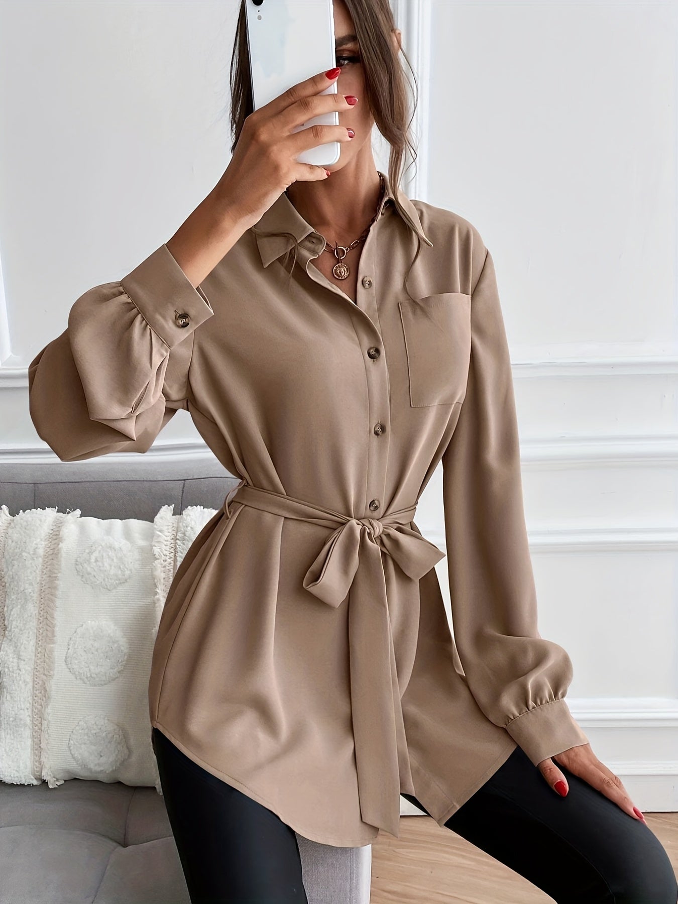 Button Front Basic Shirt, Casual Solid Long Sleeve Shirt, Women's Clothing