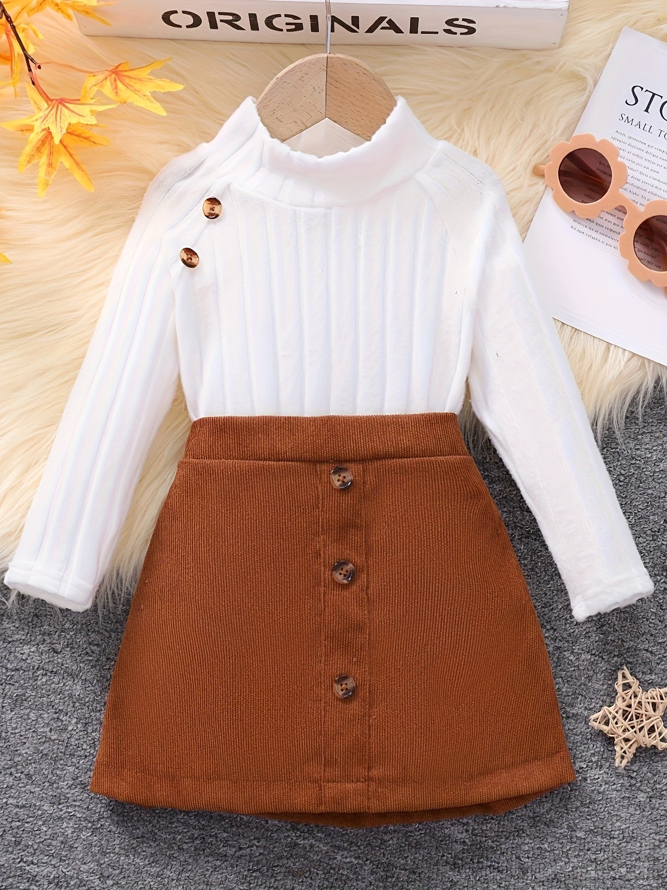 2pcs Little Girl's Stylish Outfits, Ribbed Knitted Turtleneck Top & Corduroy Skirt Set, Kids Clothes Autumn And Winter