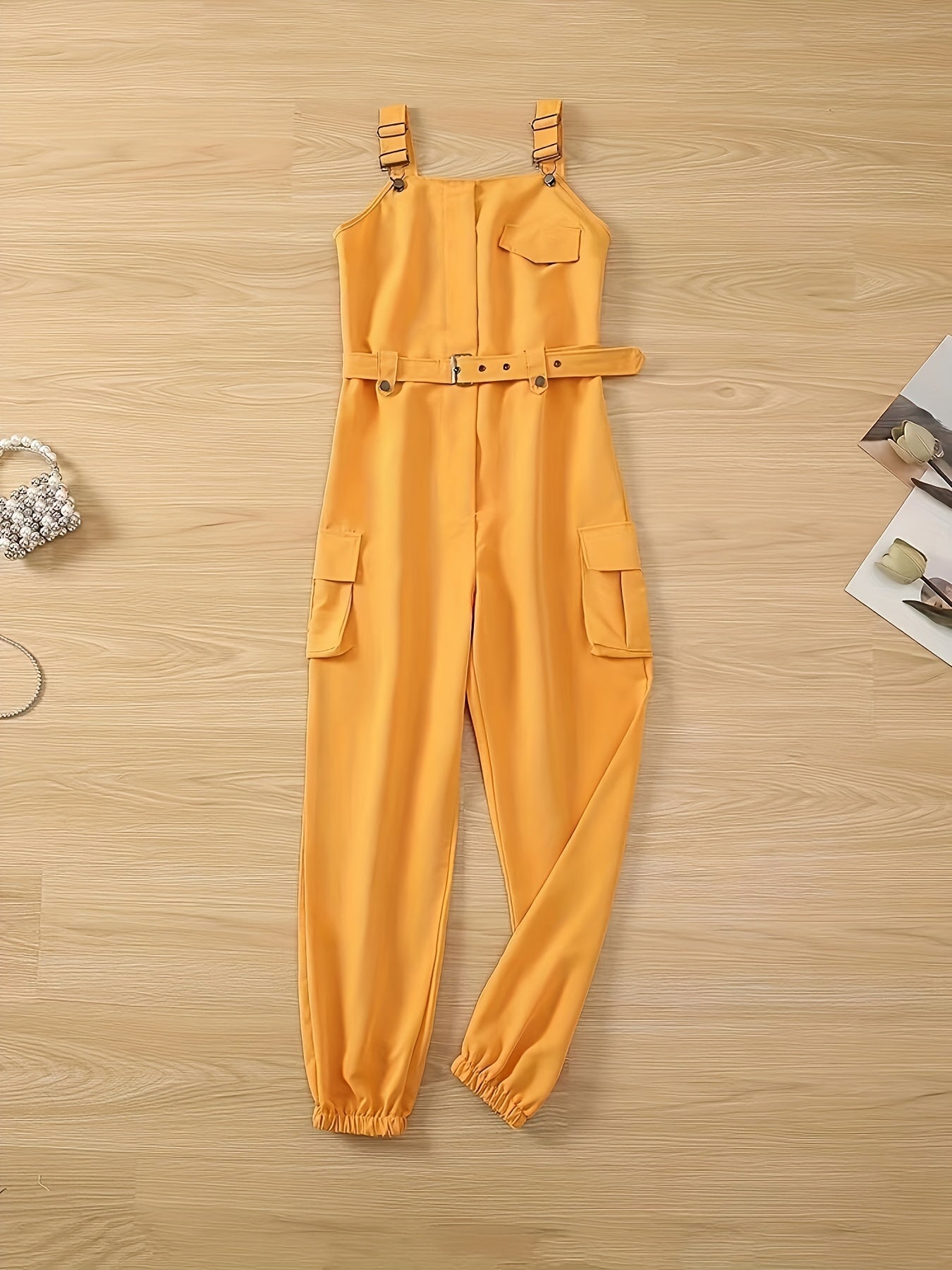 Flap Pockets Belted Overall Jumpsuit, Casual Overall Jumpsuit For Spring & Summer, Women's Clothing