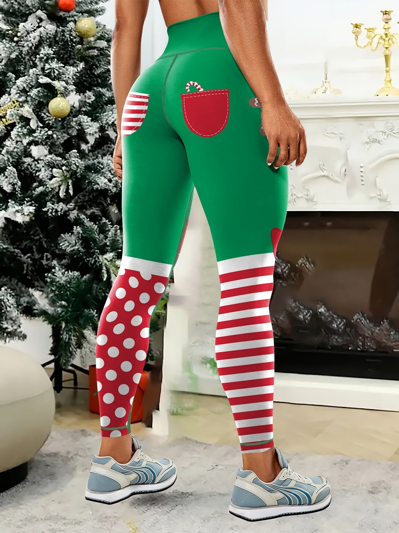 Christmas Ball Pattern Striped Yoga Leggings, High Stretch Breathable Slim Fitted Sports Tights, Women's Activewear