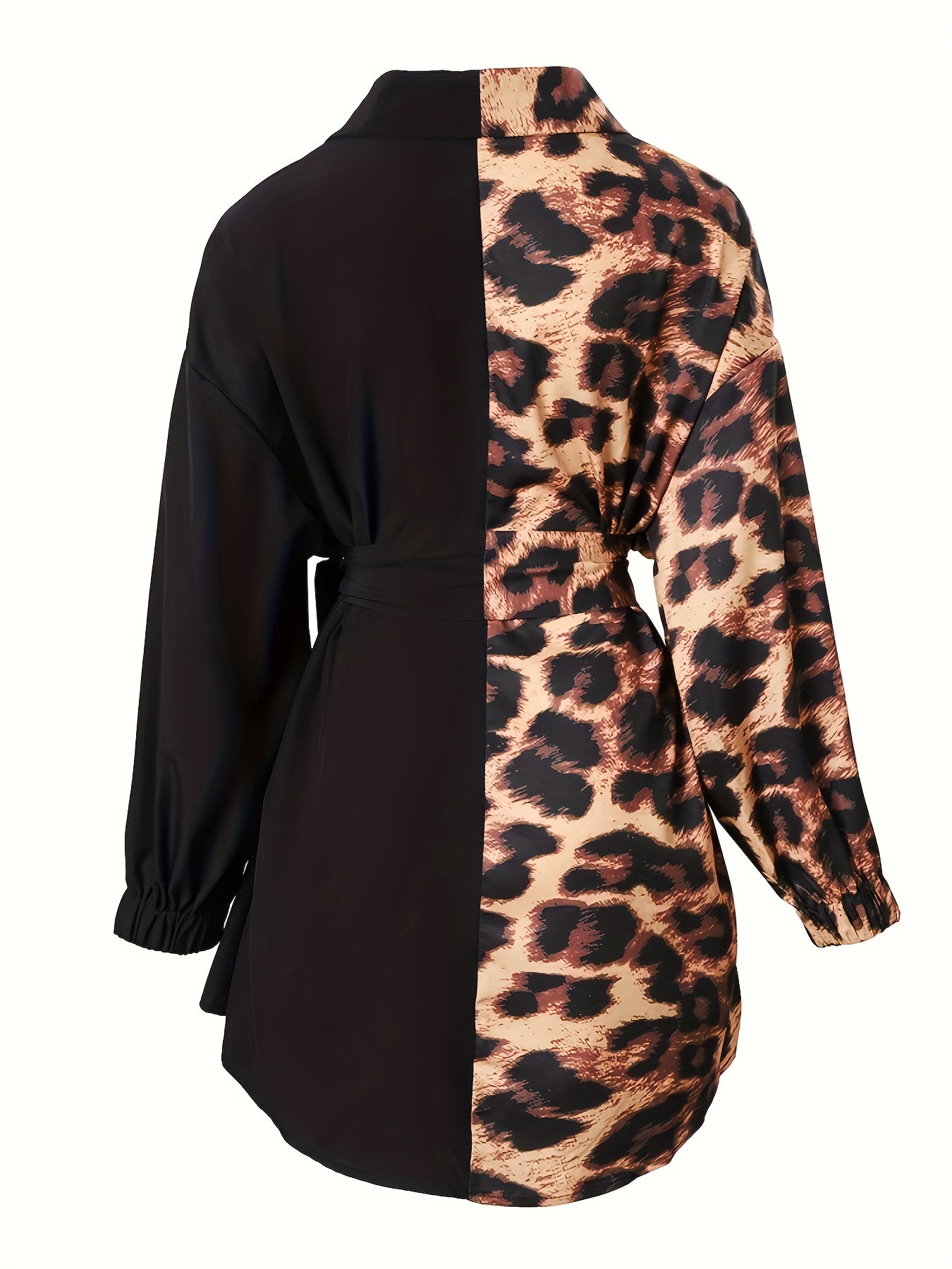 Plus Size Trendy Blouse, Women's Plus Colorblock Leopard Print Long Sleeve Button Up Lapel Collar Tunic Shirt Top With Belt