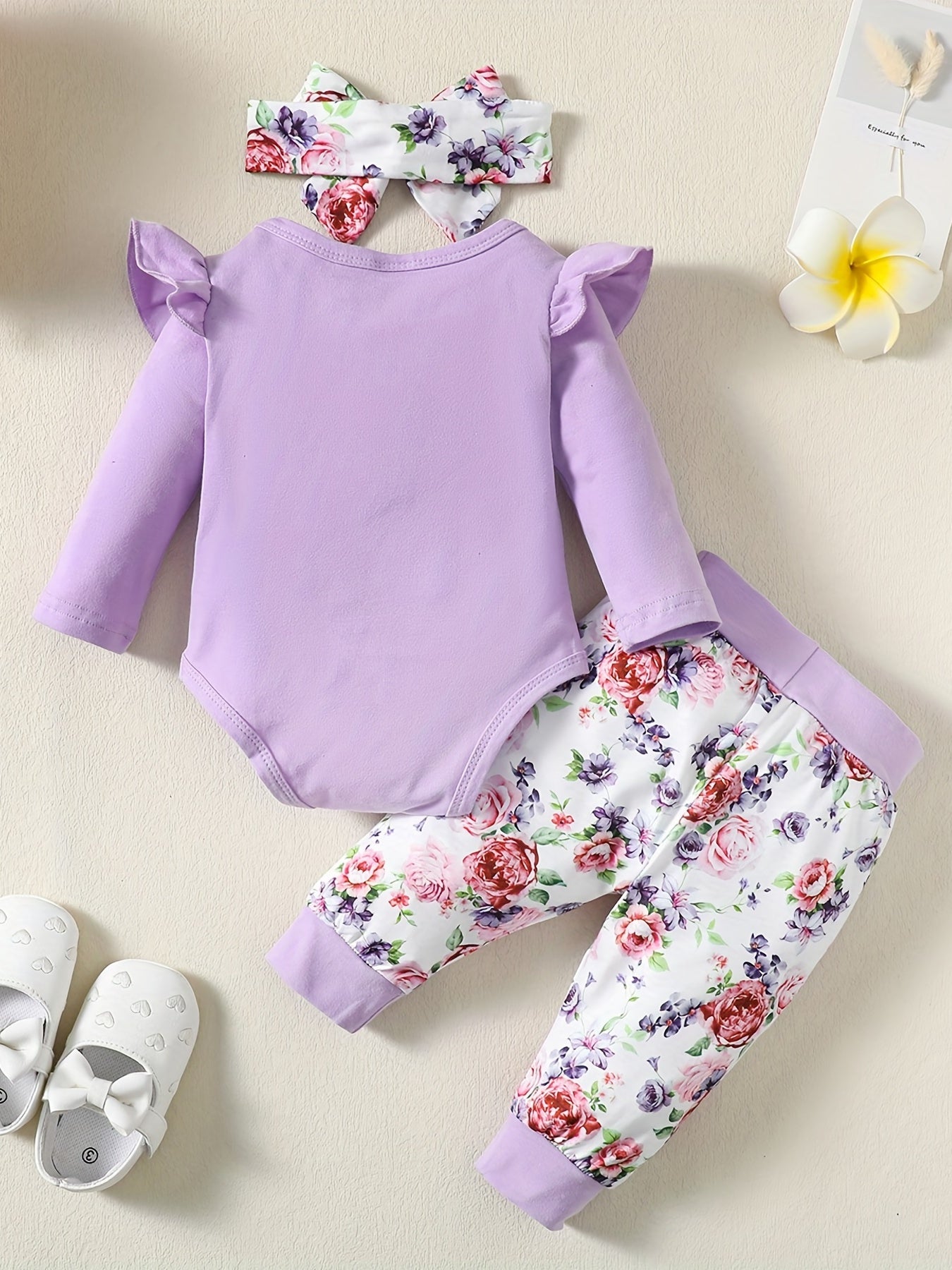 Infant Baby Comfy & Cute Outfit - Letter Graphic Romper + Floral Print Pants + Headband  Set