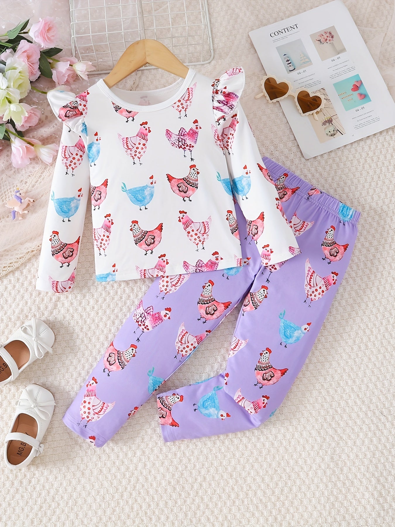 Toddler Girl's 2pcs, Long Sleeve Top & Pants Set, Unicorn Starfish Print Ruffle Decor Casual Outfits, Kids Clothes For Spring Fall