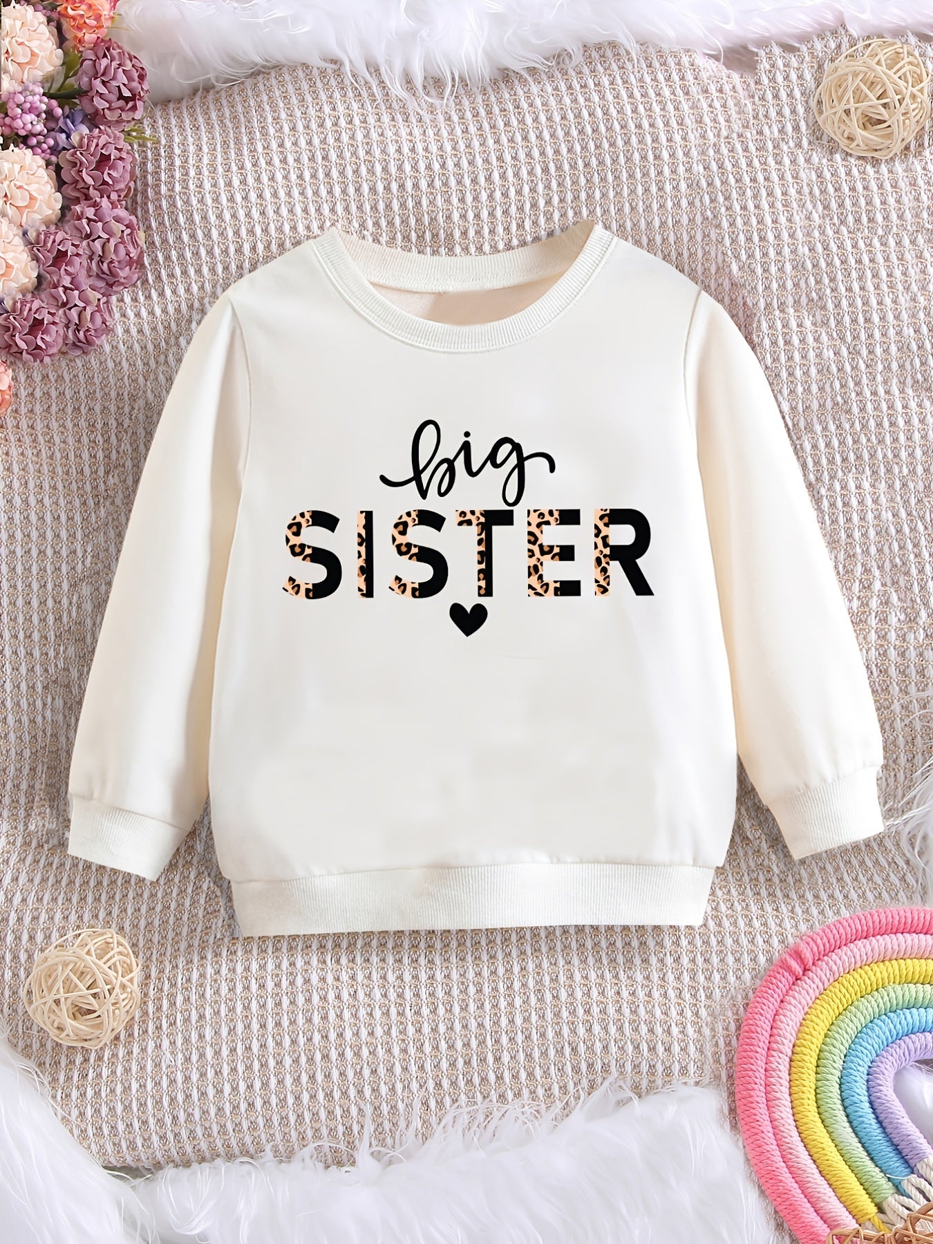 Girls Casual Simple Pullover Sweatshirt With "BIG SISITER" Leopard Print For Autumn And Winter