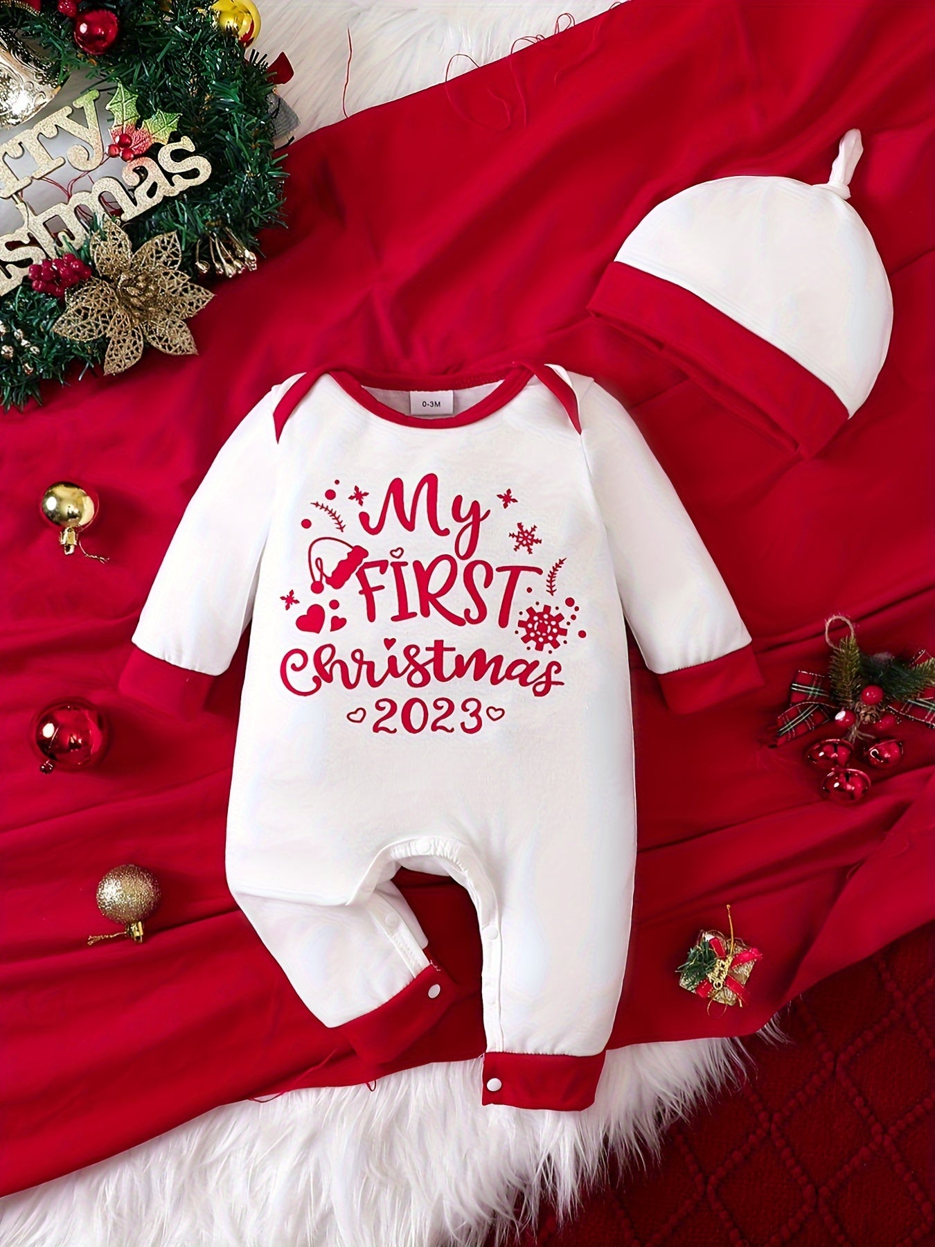 My First Christmas Print Cute Jumpsuit & Hat Set, Toddler Baby Boys Girls Clothes Autumn And Winter