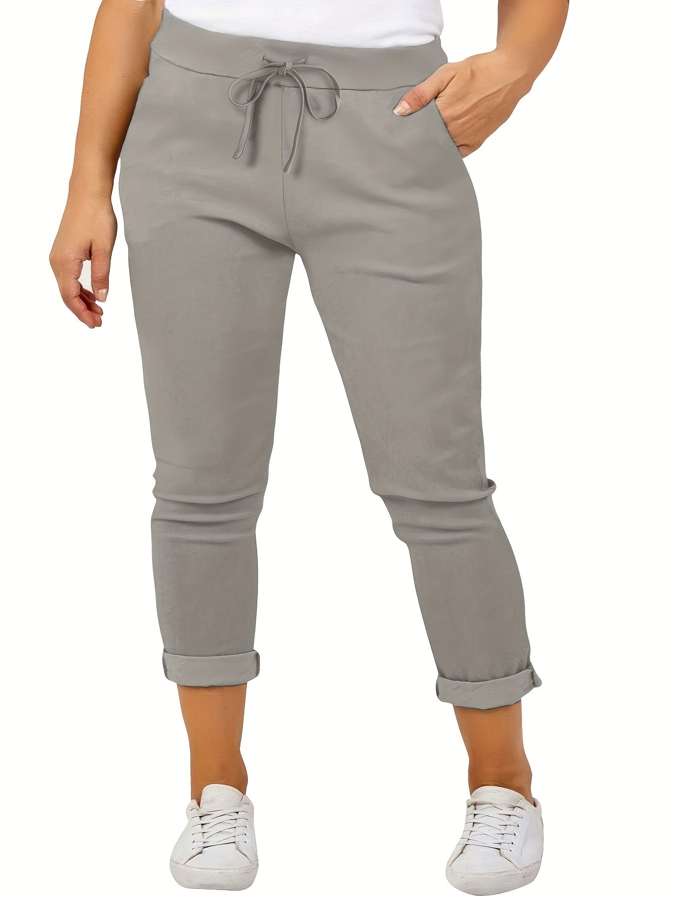 Plus Size Casual Pants, Women's Plus Solid Drawstring Roll Up Hem Slight Stretch Pants
