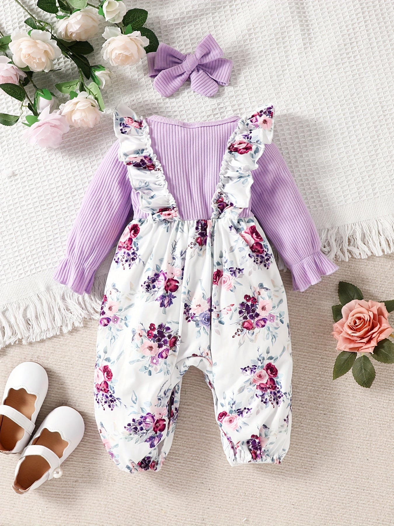 Baby Girls Romper Long Sleeve Cute Animal Print Jumpsuit & Headband