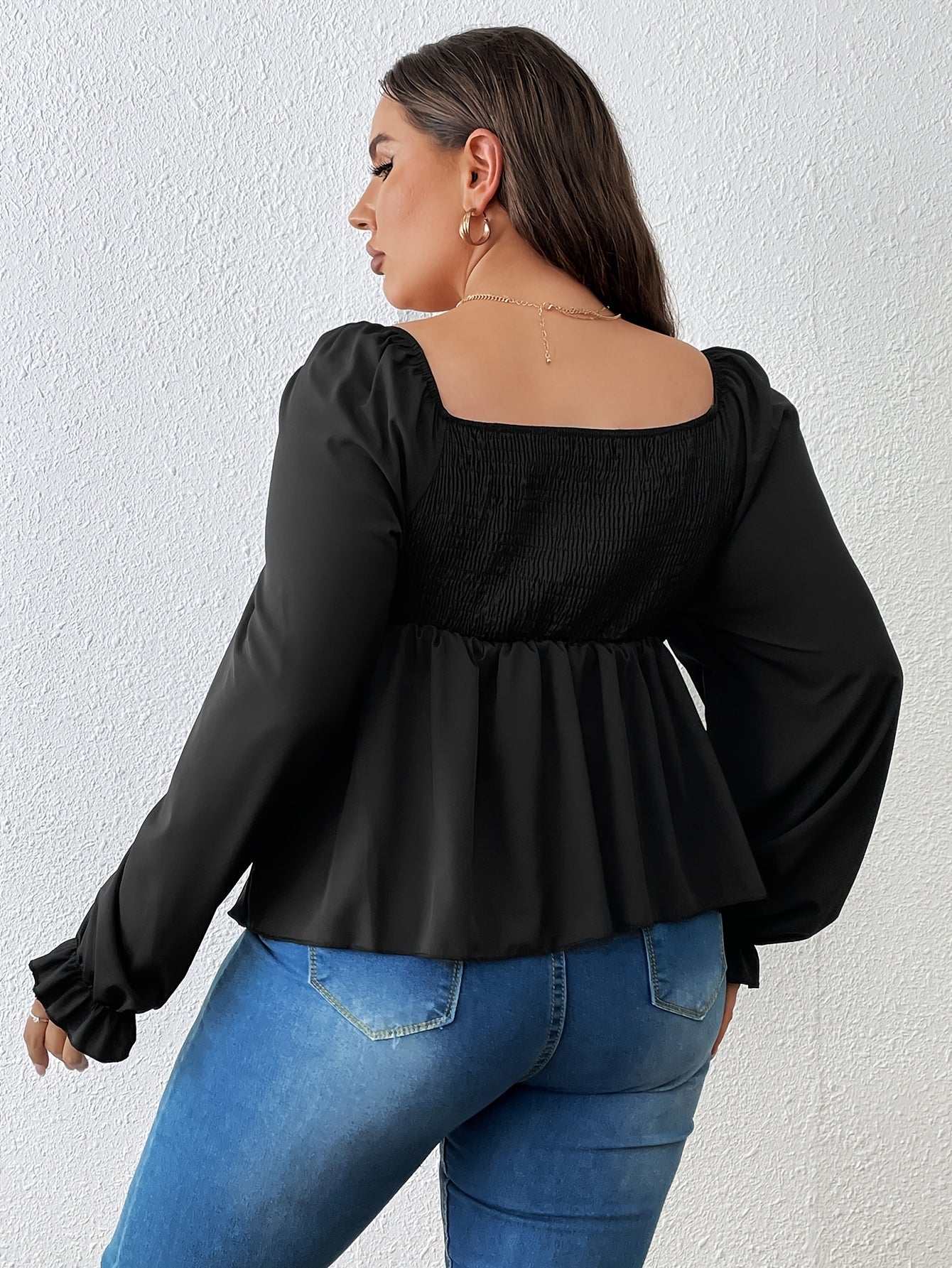 Plus Size Casual Blouse, Women's Plus Solid Lantern Sleeve V Neck Knot Cut Out Peplum Top