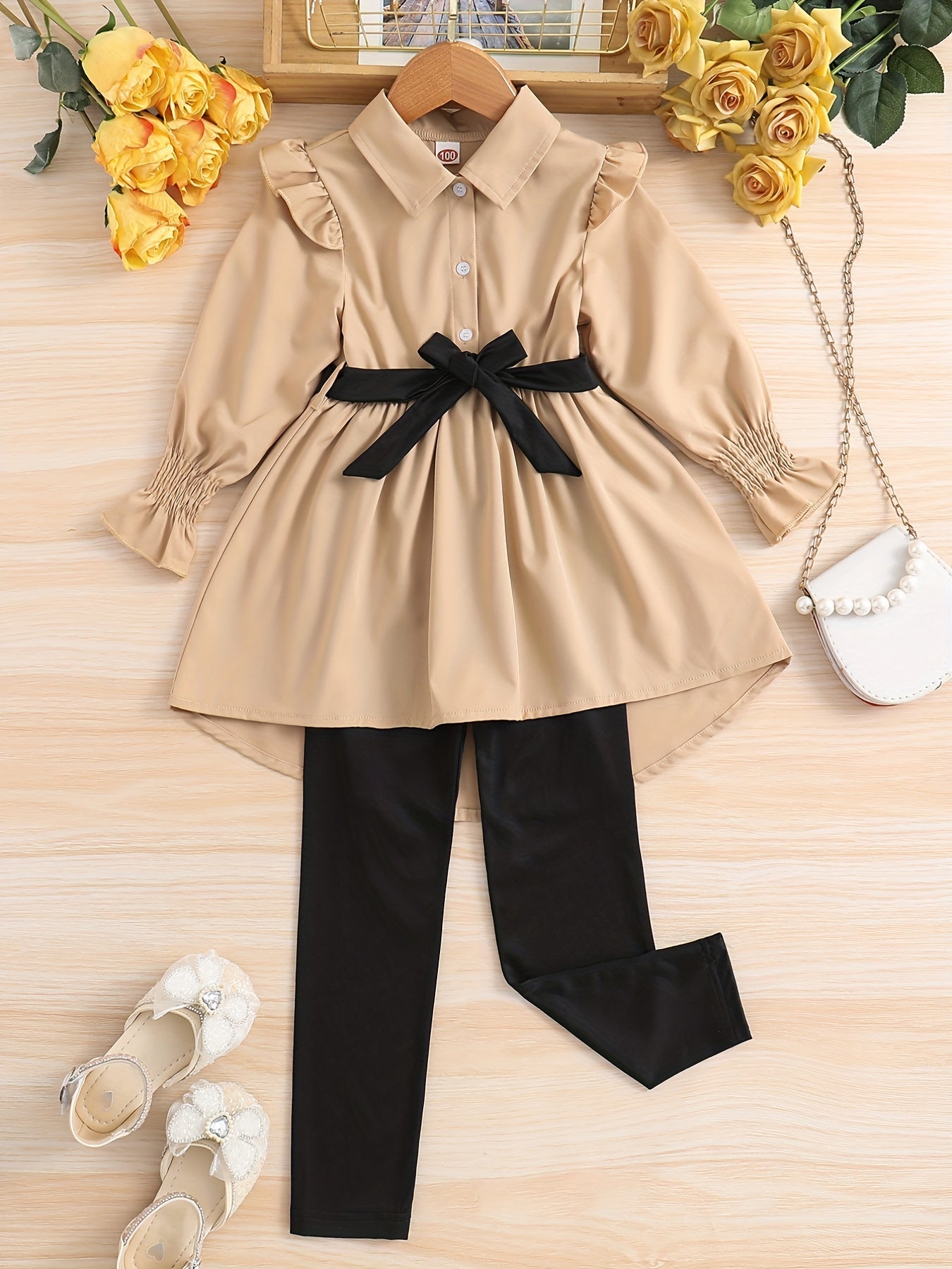 Lapel Long Sleeve Top & Trousers With Belt Girl's Two-piece Set, Spring And Autumn Daily Casual Outwear Clothes