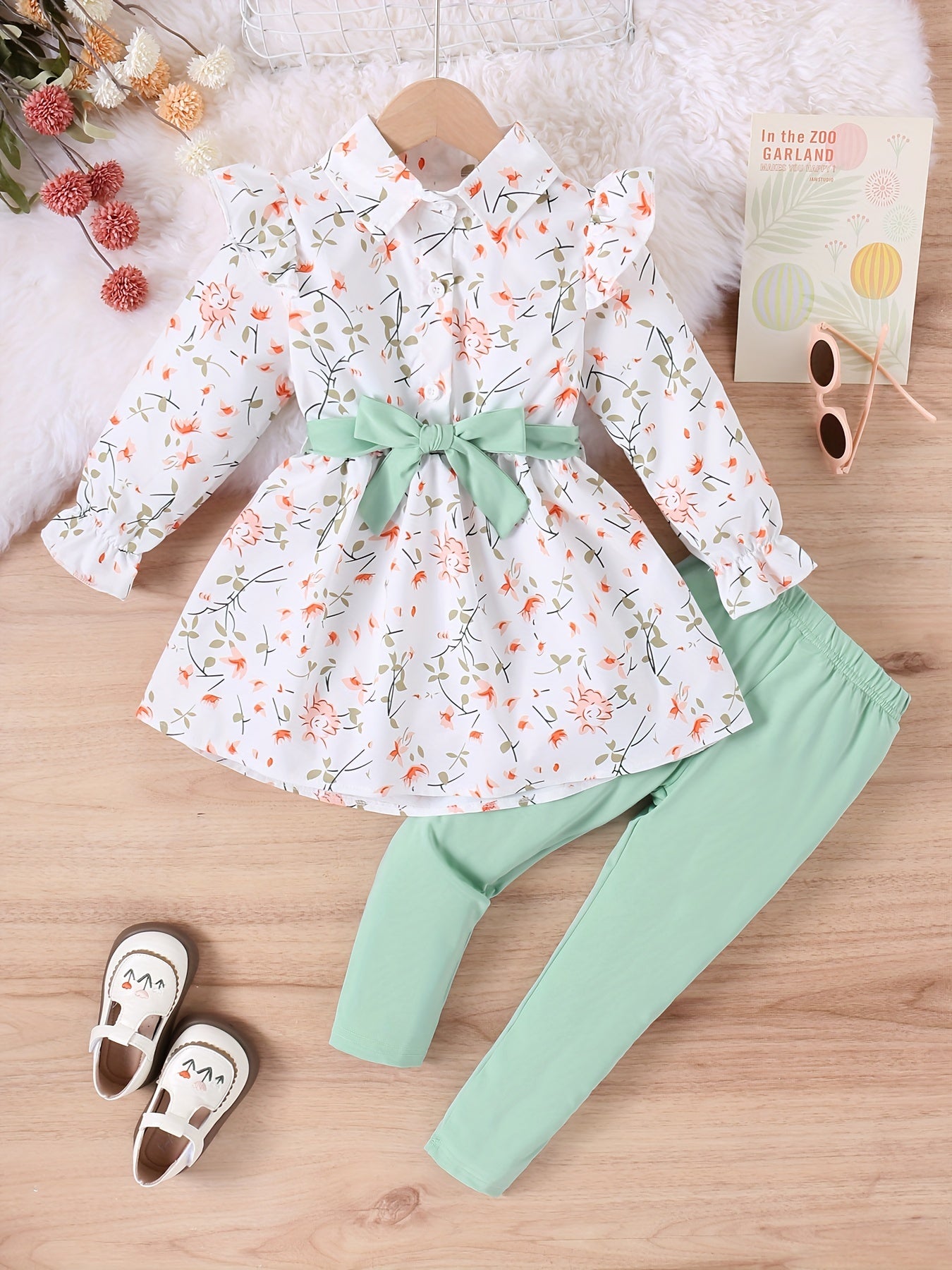 Girl's 2pcs Long Sleeve Shirt With Belt & Pants Set, Ruffle Decor Trendy Casual Outfits, Kids Clothes For Spring Fall