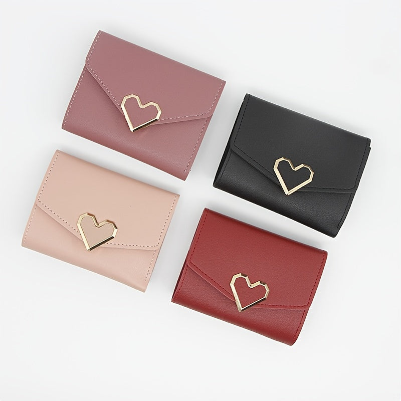 Women's Stylish Short Wallet, Faux Leather Casual Trifold Coin Purse, Simple Purse With Metal Love Decor