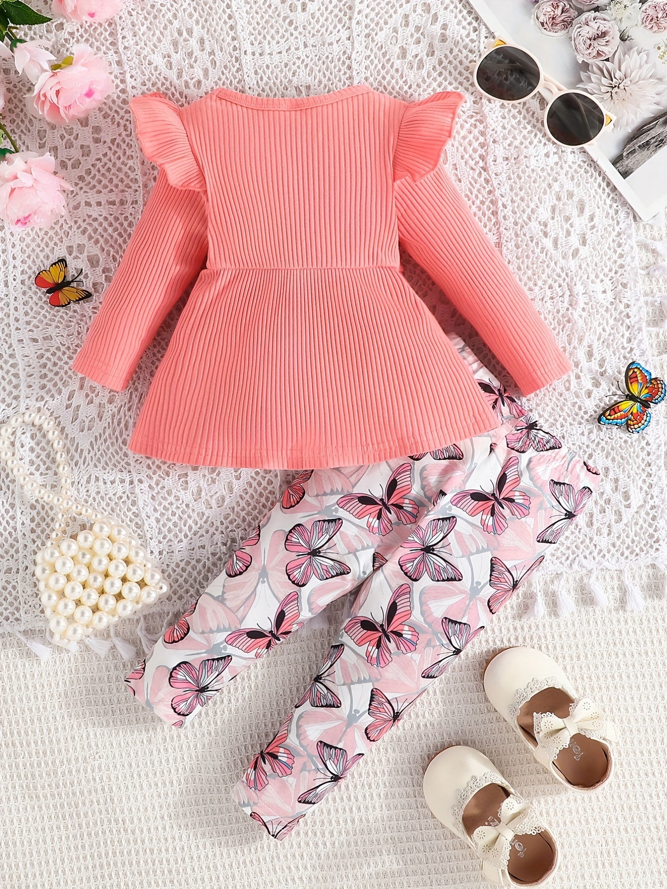 2pcs Toddler Girls Elegant Bowknot Long Sleeve Top + Butterfly Print Pants Set, Infant Babies Kids Cotton Stylish Clothes