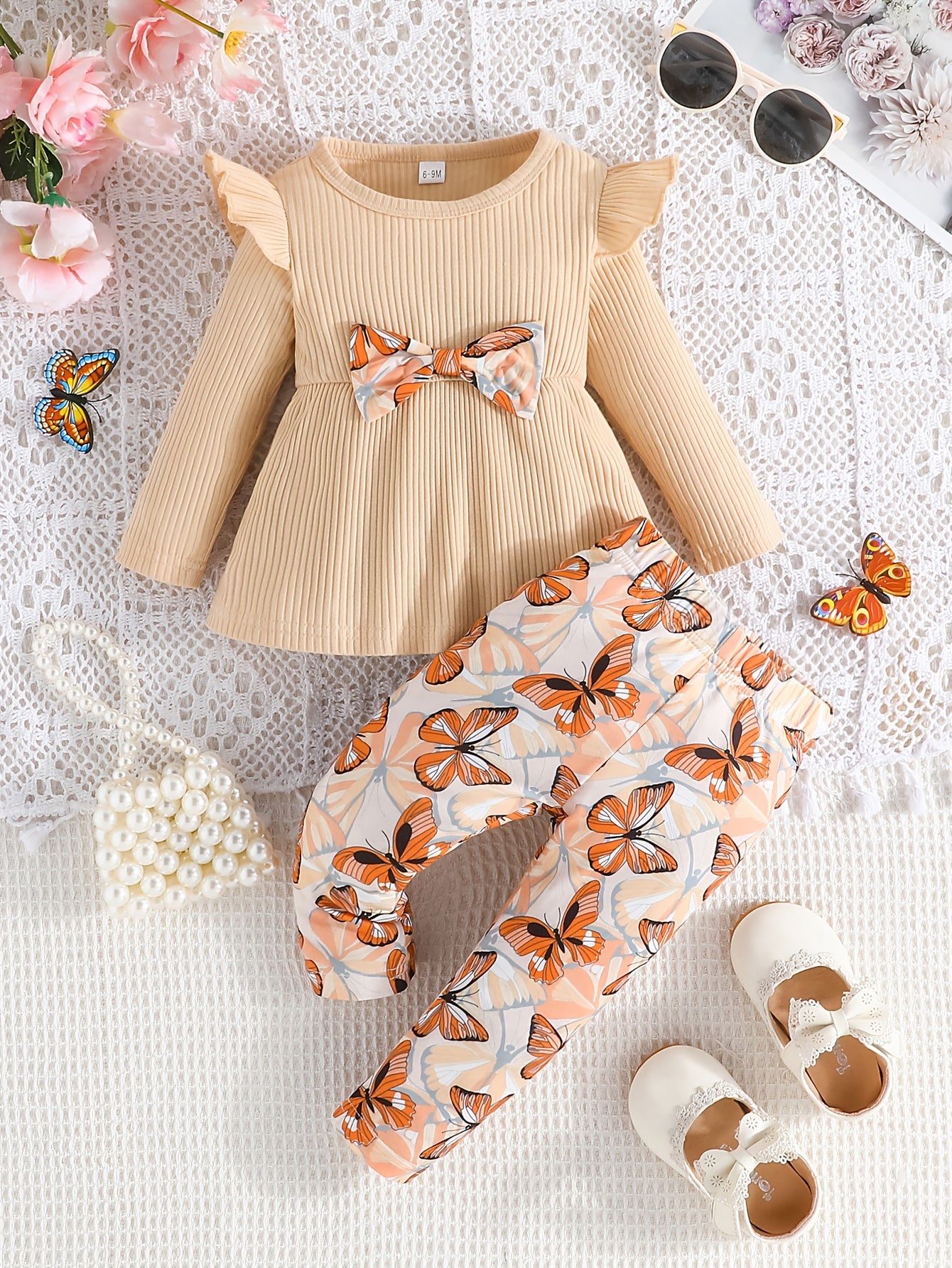 2pcs Toddler Girls Elegant Bowknot Long Sleeve Top + Butterfly Print Pants Set, Infant Babies Kids Cotton Stylish Clothes