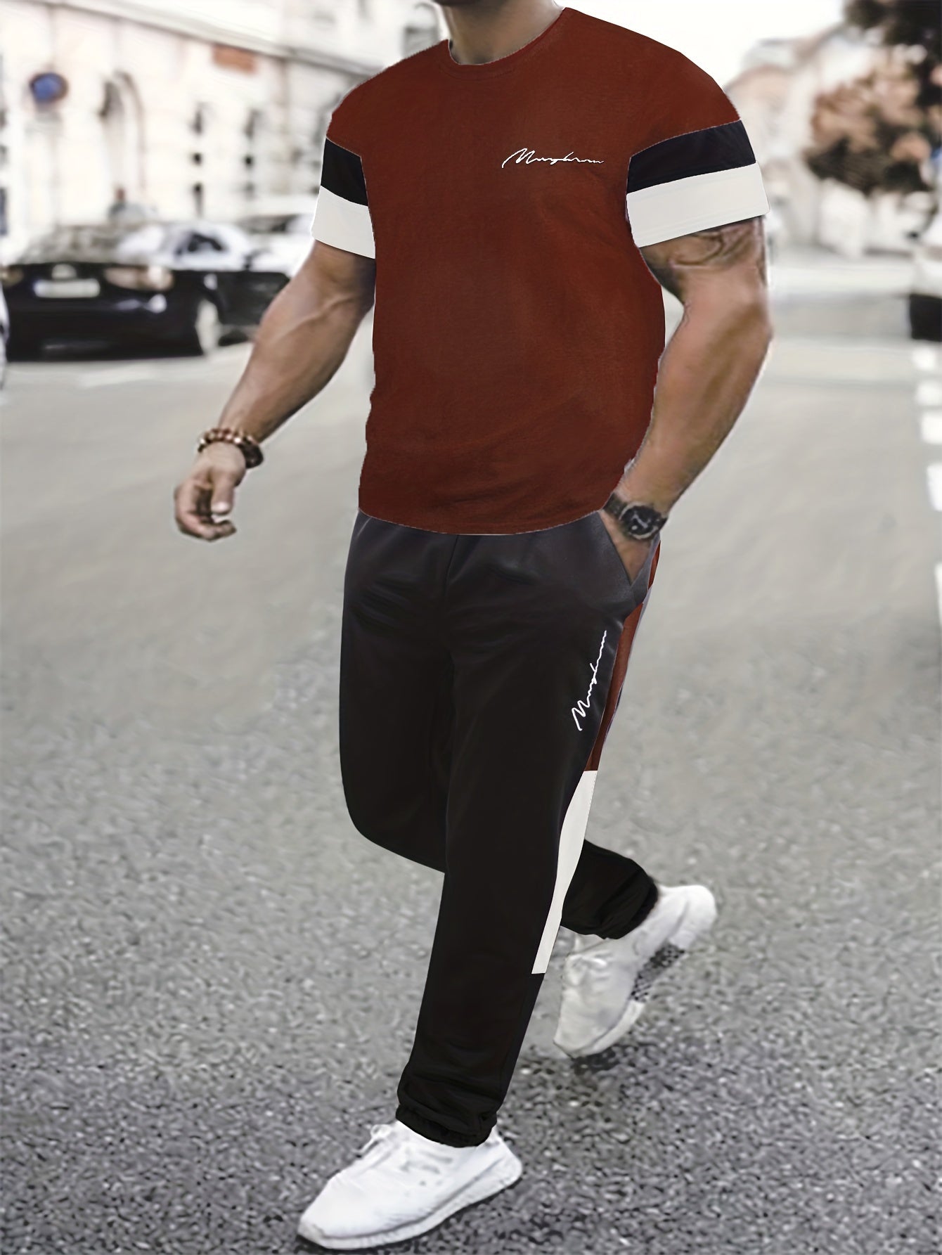 Men's Colorblock Casual T-shirt Outfit Set, 2 Pieces Round Neck Short Sleeve Tees And Drawstring Long Pants