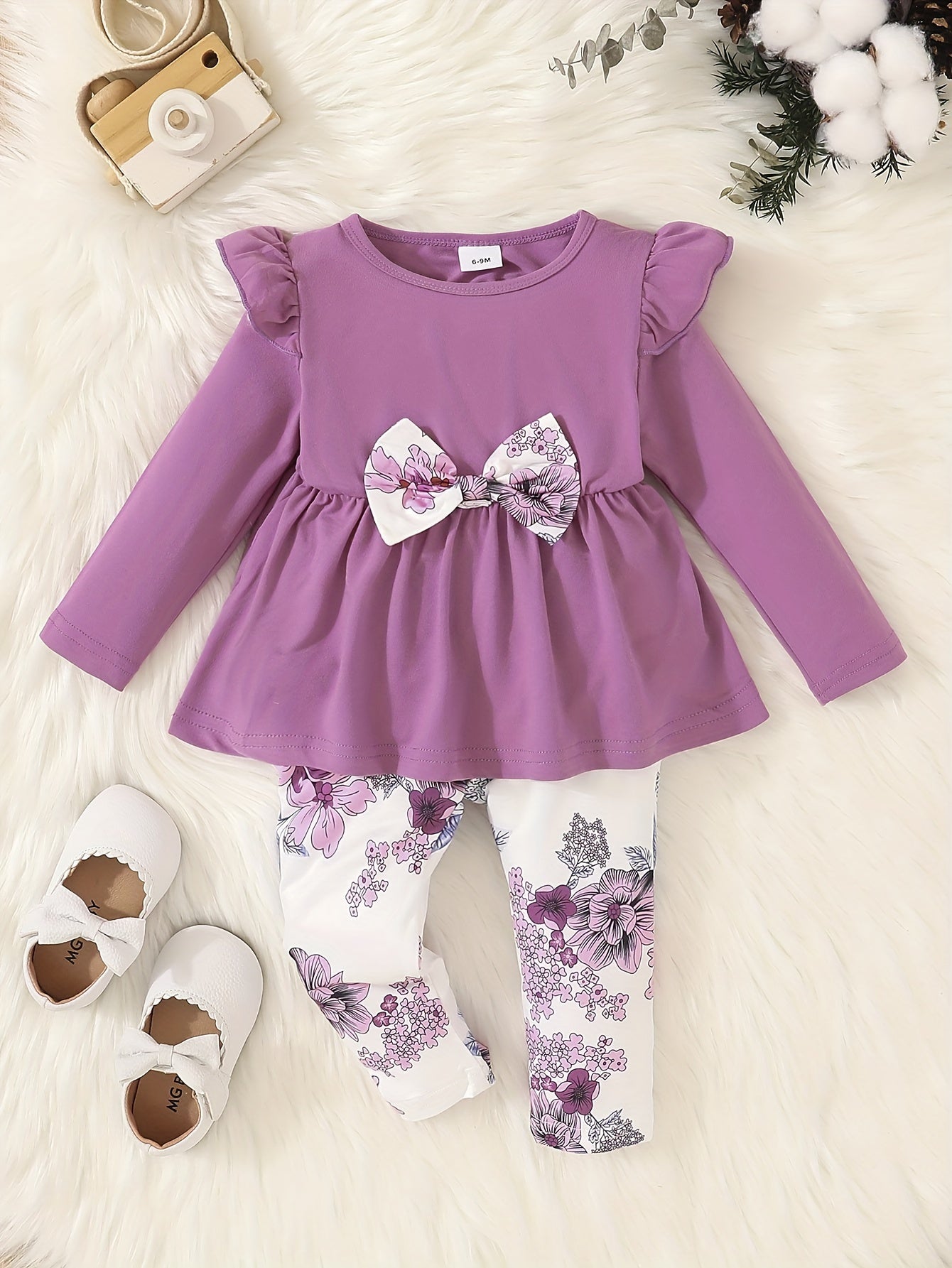 Baby Girl Baby Autumn Winter Outwear Outfit, Flutter Sleeve Splicing Bowknot Skirt Top &  Leaf Print Pants Set,