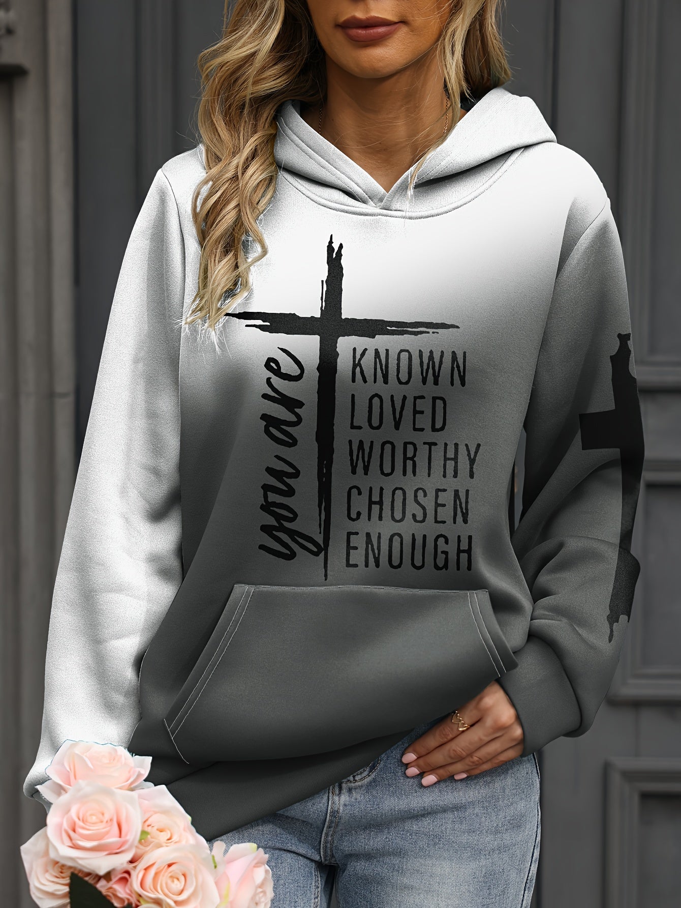 Plus Size Casual Sweatshirt, Women's Plus Ombre & Cross & Letter Print Long Sleeve Slight Stretch Hoodie With Giant Pocket