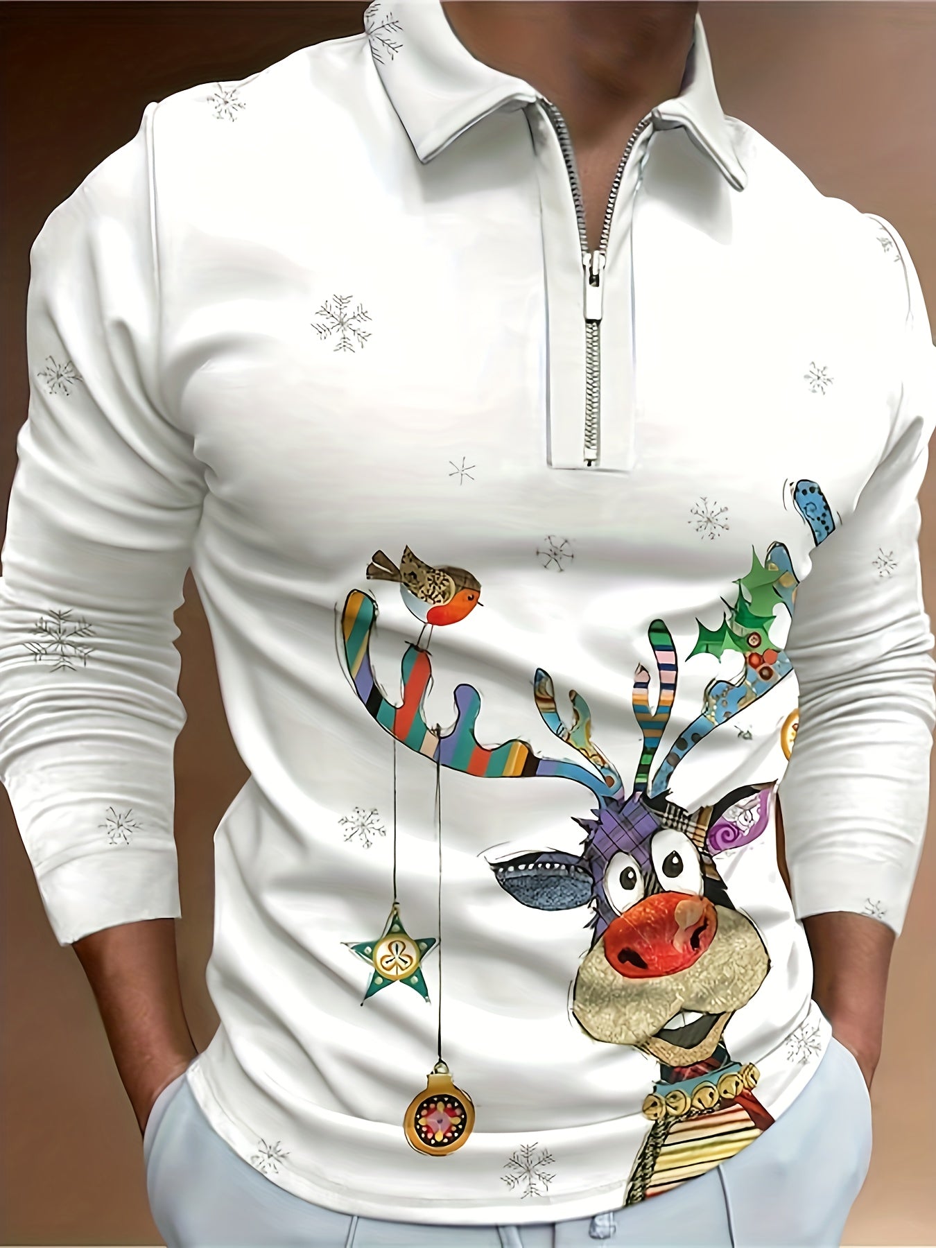 Cartoon Christmas Deer 3D Print, Men's Trendy Long Sleeve Zipper Shirt, Gift For Men