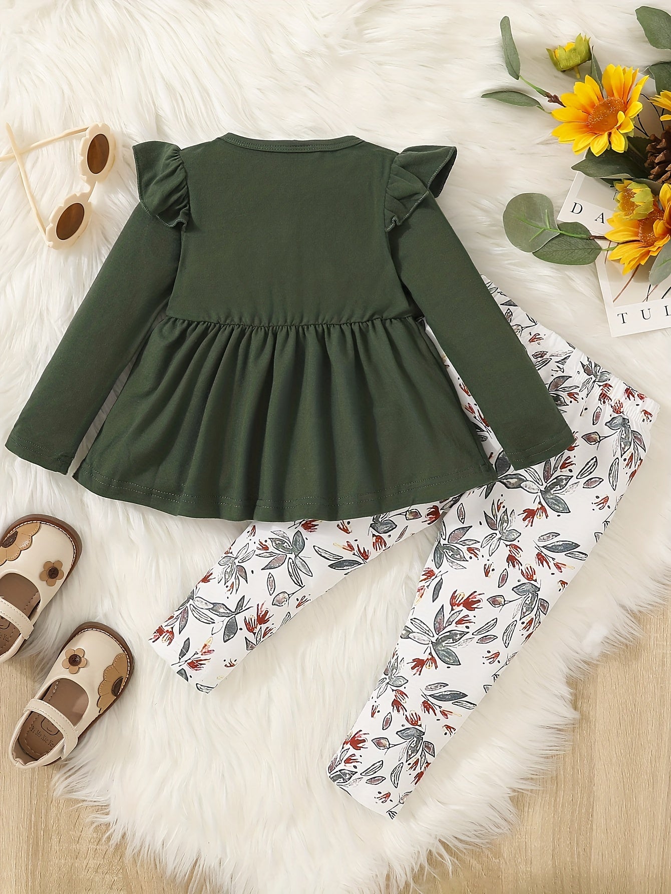 Baby Girl Baby Autumn Winter Outwear Outfit, Flutter Sleeve Splicing Bowknot Skirt Top &  Leaf Print Pants Set,