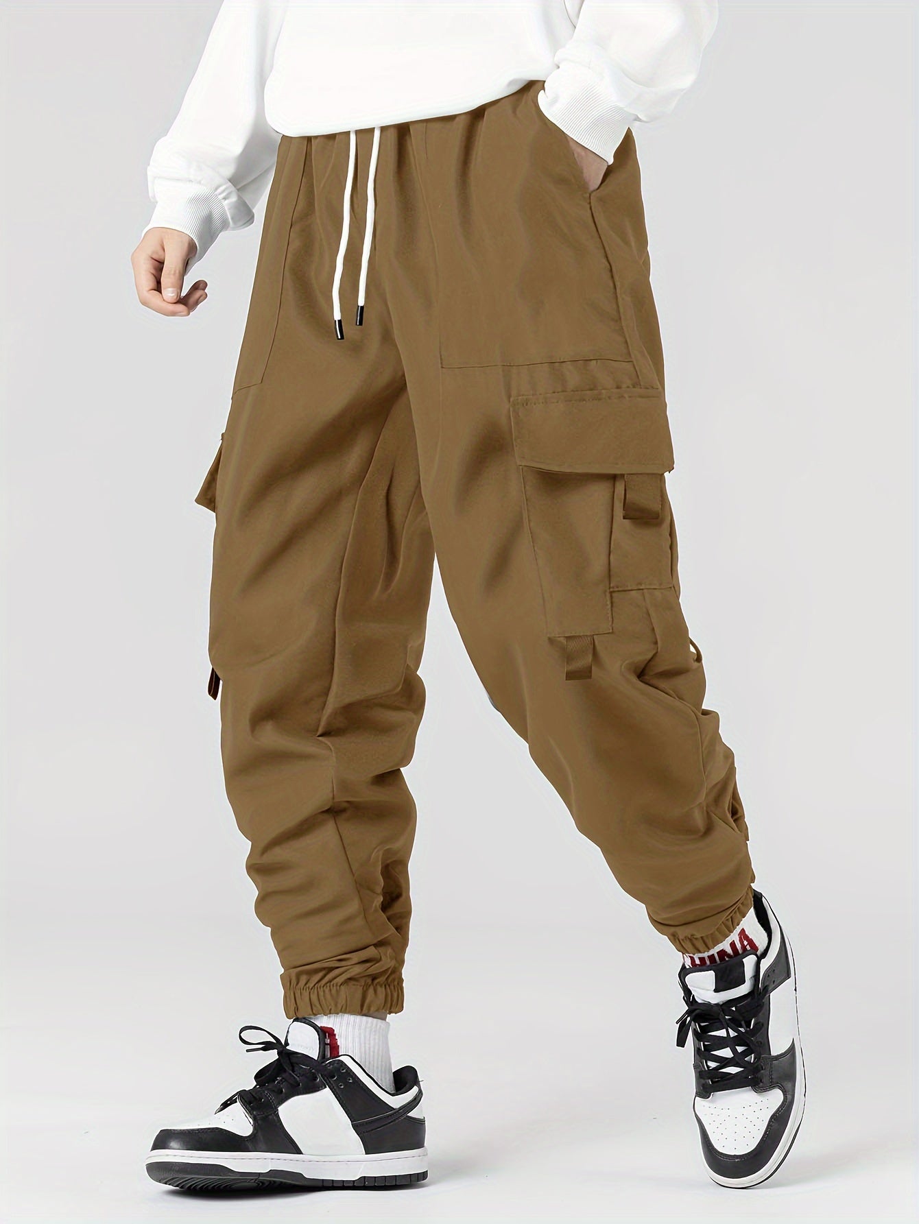 Trendy Solid Cargo Pants, Men's Multi Flap Pocket Trousers, Loose Casual Drawstring Outdoor Pants, Men's Work Pants Outdoors Streetwear Hip Hop Style