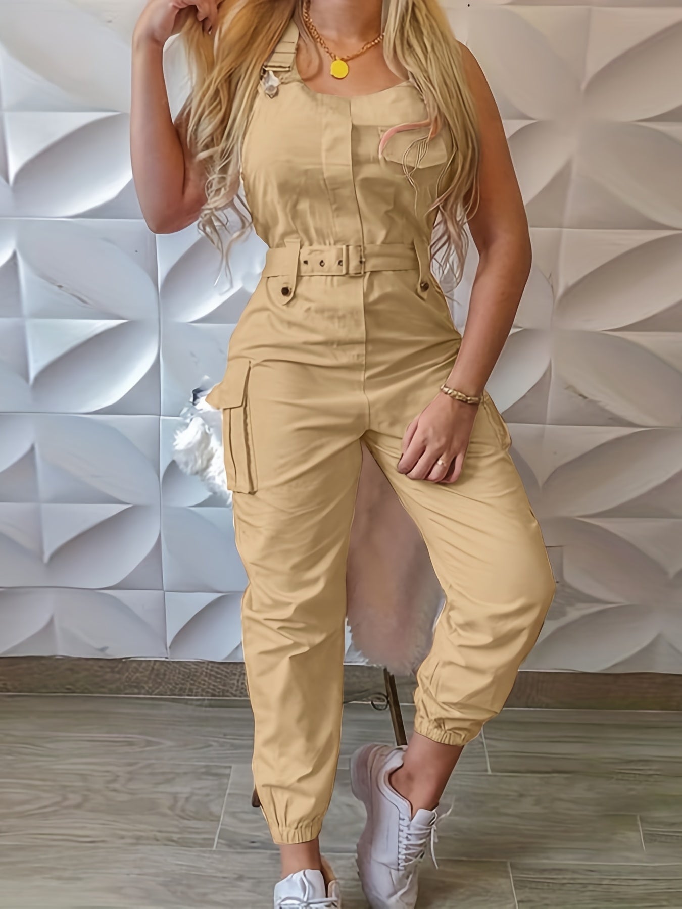 Flap Pockets Belted Overall Jumpsuit, Casual Overall Jumpsuit For Spring & Summer, Women's Clothing