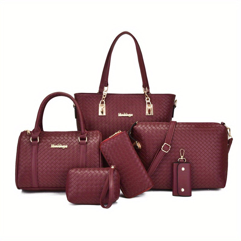6pcs Geometric Pattern Tote Bag Set, Fashion Faux Leather Handbag & Crossbody Bag & Clutch Wallet & Wristlet & Key Case