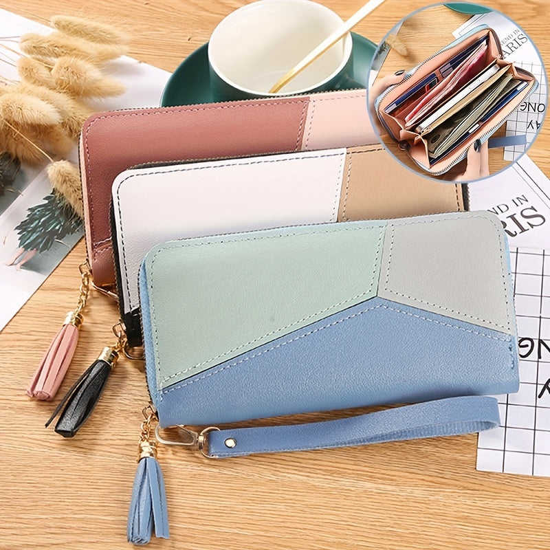 Women's Colorblock Long Wallet, Zipper Around Coin Purse, Classic Purse With Wristband