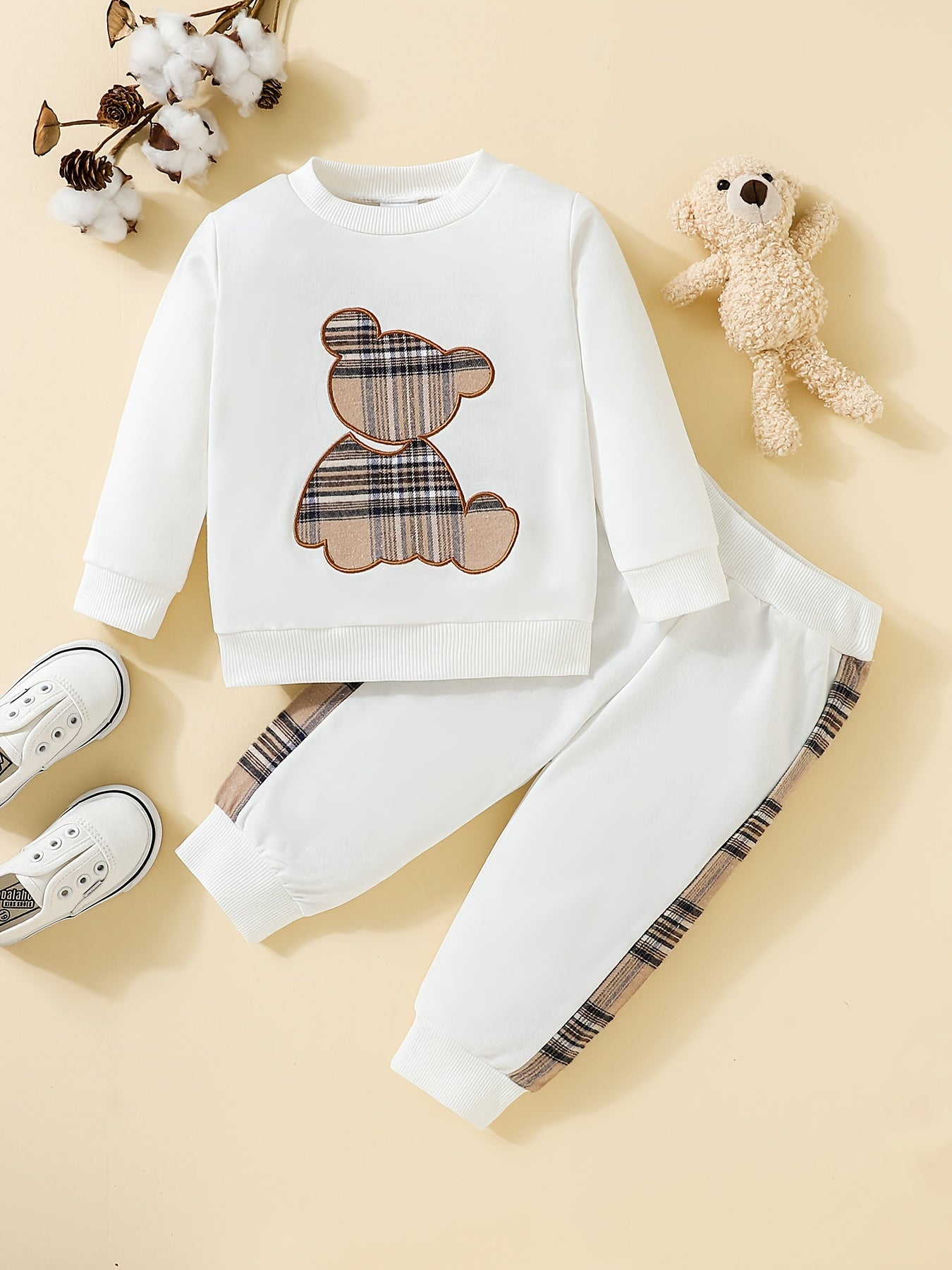Adorable 2pcs Outfit For Toddler Girls & Boys - Bear Embroidery Sweatshirt & Splicing Pants!